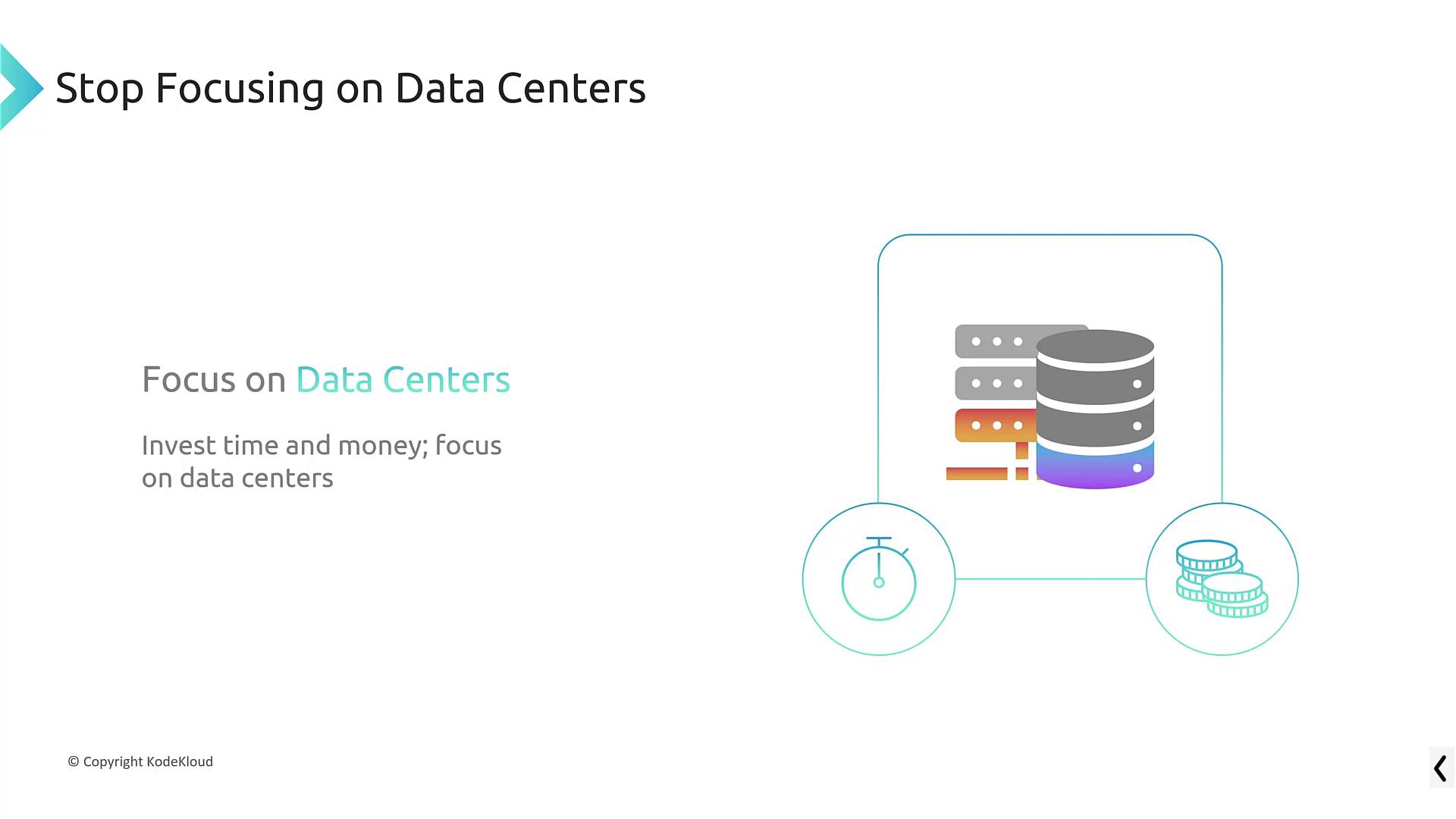 The image advises against focusing on data centers, suggesting they require significant time and money investment, with an illustration of servers and coins.