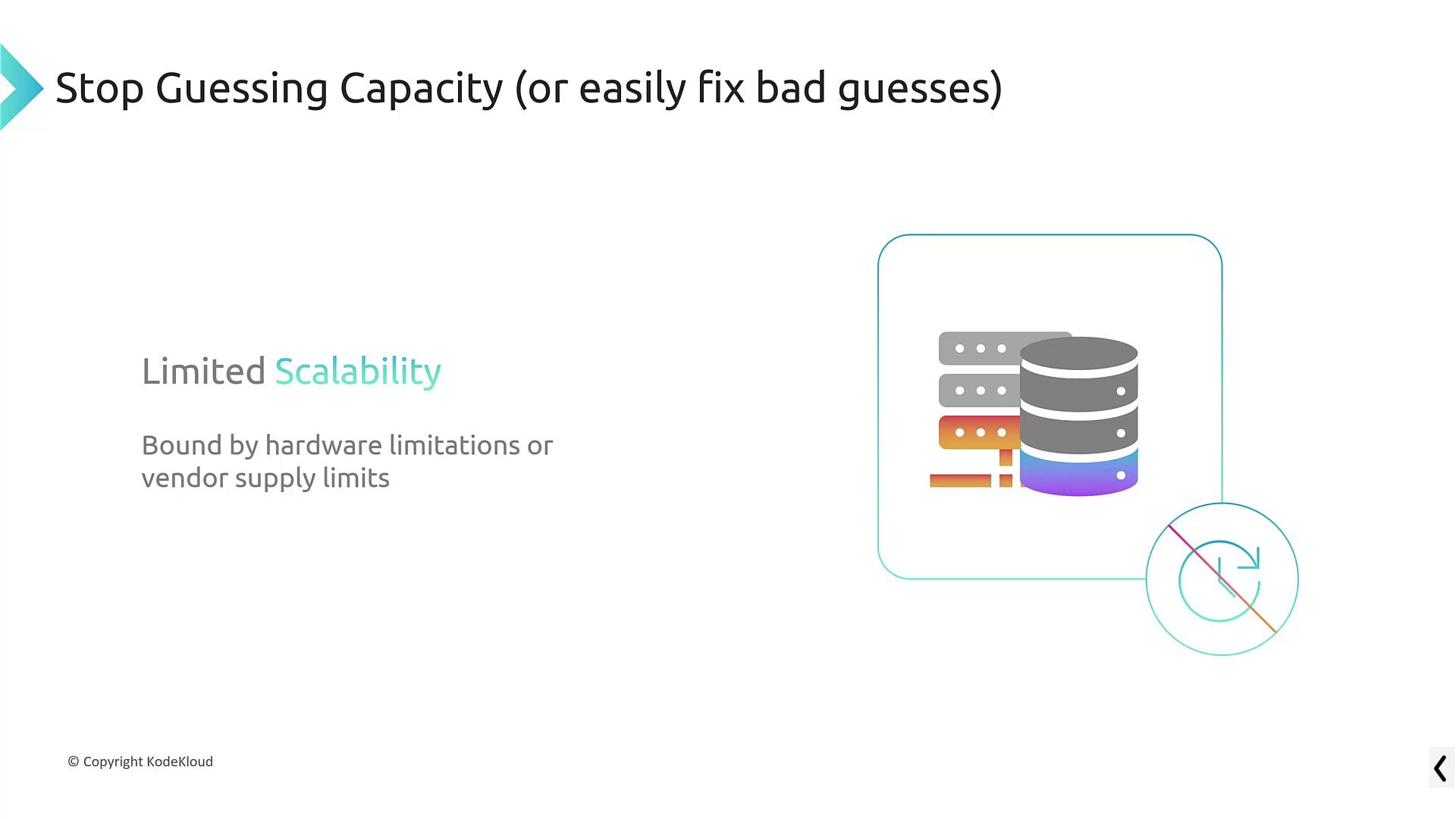 The image discusses "Limited Scalability," highlighting issues with hardware limitations or vendor supply limits, alongside an illustration of servers and storage.