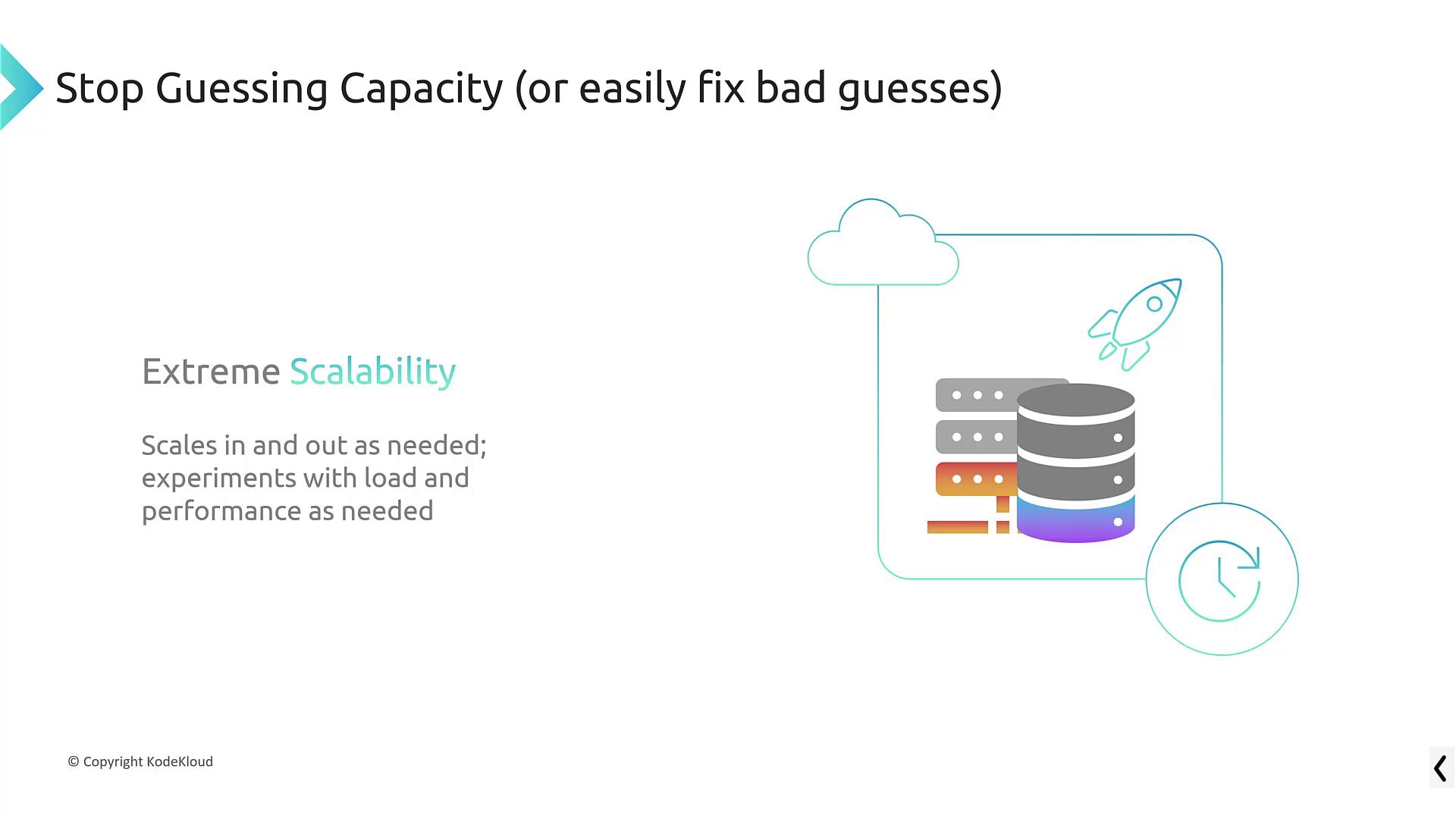 The image discusses "Extreme Scalability," emphasizing dynamic scaling and performance testing, with an illustration of servers and a rocket.