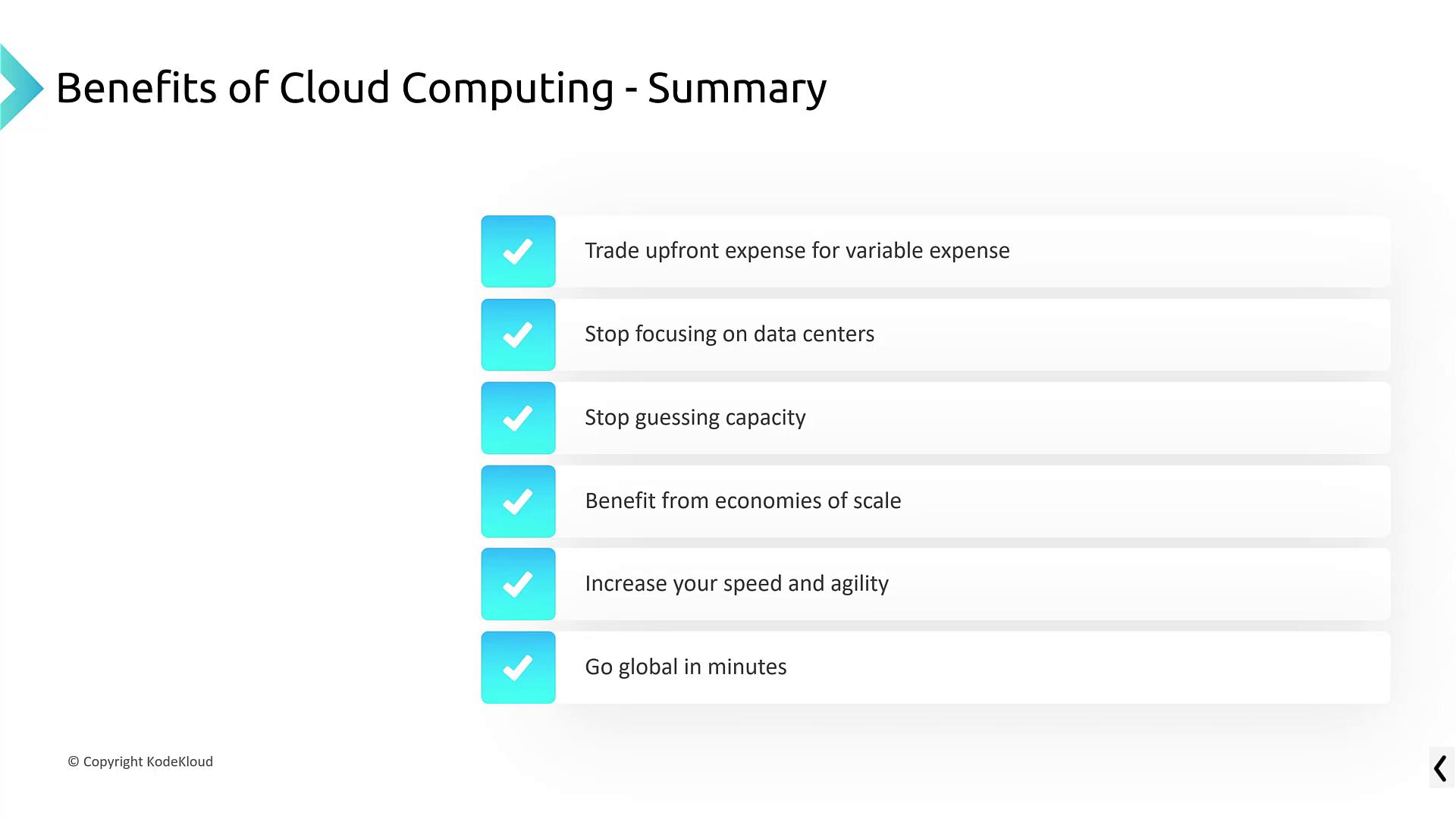 The image lists six benefits of cloud computing, including cost efficiency, reduced data center focus, capacity management, economies of scale, speed, agility, and global reach.