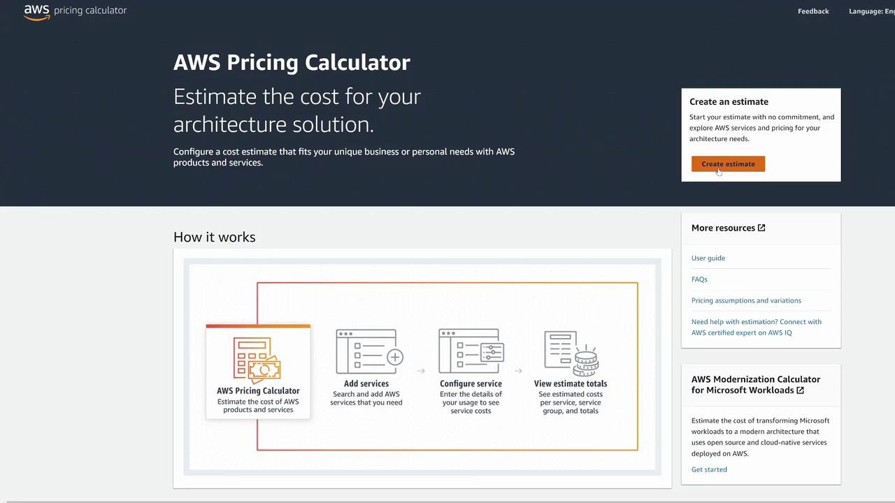 The image shows the AWS Pricing Calculator interface, explaining how to estimate costs for AWS services, with steps and additional resources provided.