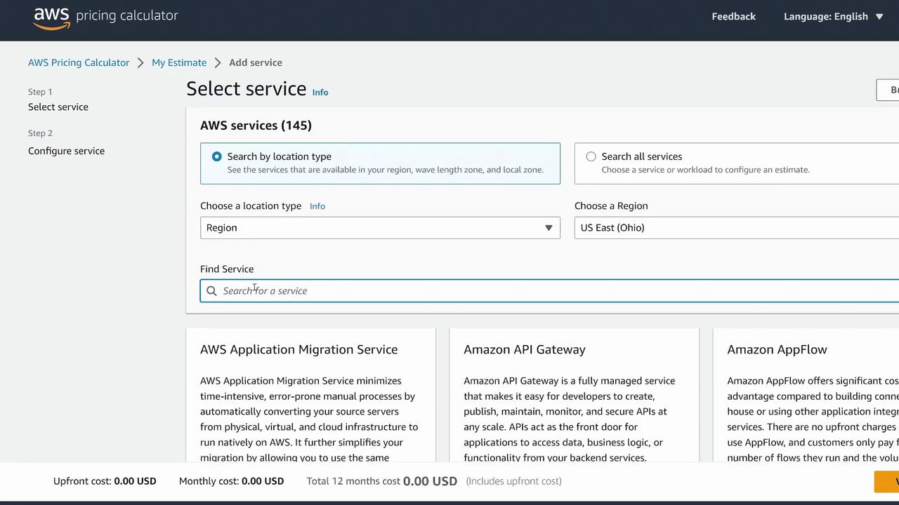 The image shows the AWS Pricing Calculator interface, allowing users to select and configure AWS services, with options to search by location or service type.