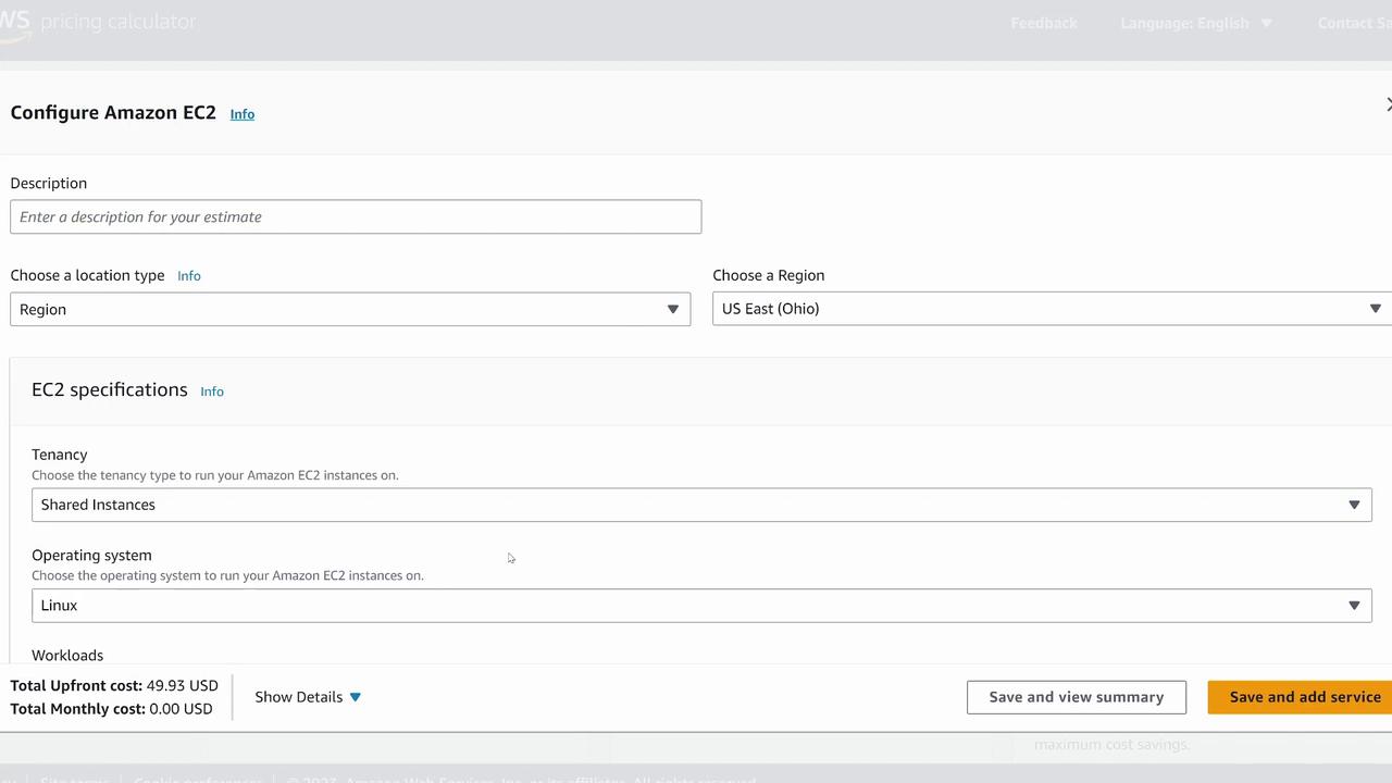 The image shows the AWS Pricing Calculator interface for configuring Amazon EC2, including options for region, tenancy, and operating system.