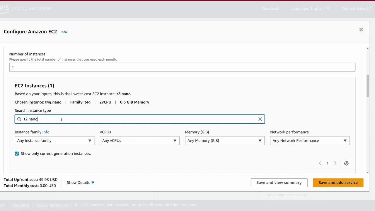 The image shows an AWS pricing calculator interface for configuring an Amazon EC2 instance, specifically a t2.nano, with options for instance type, vCPUs, and memory.