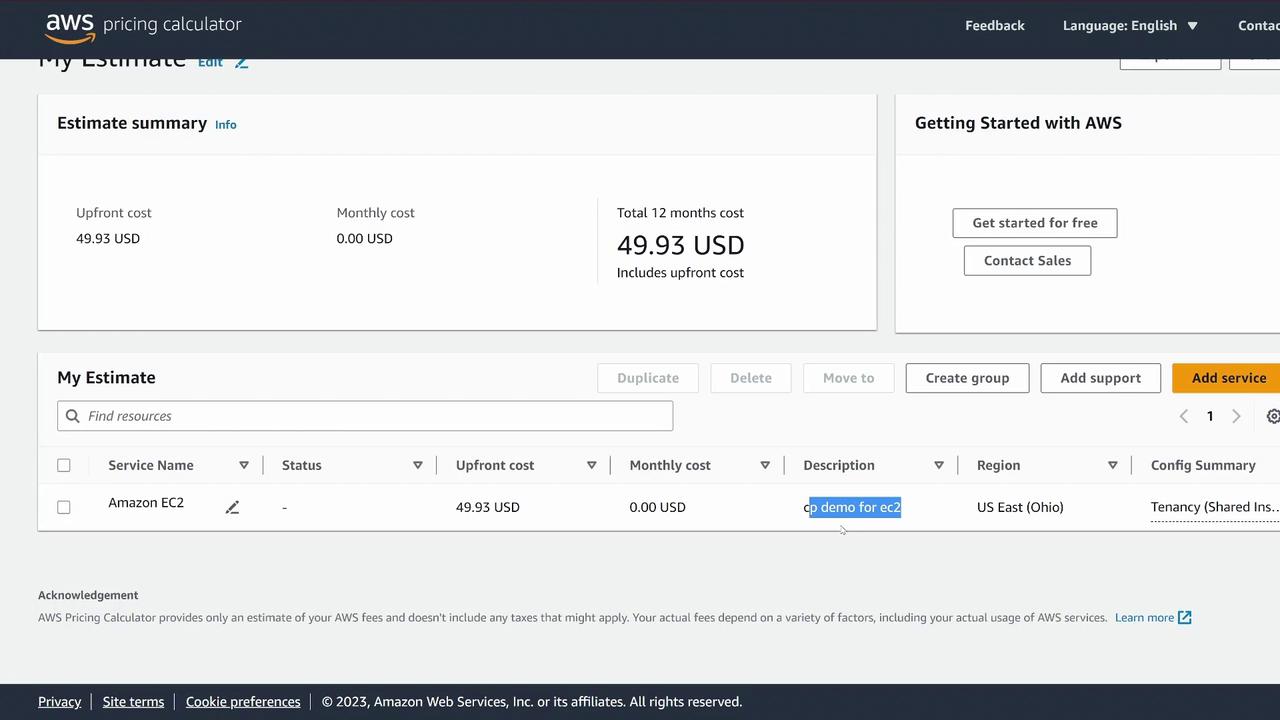The image shows an AWS pricing calculator estimate for Amazon EC2, with an upfront cost of $49.93 and no monthly cost.