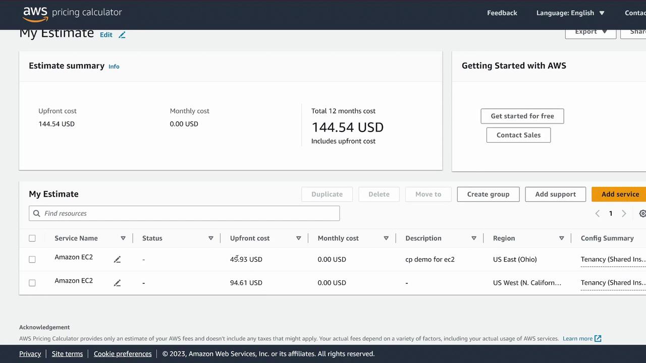 The image shows an AWS Pricing Calculator estimate with a total upfront cost of $144.54 for Amazon EC2 services, with no monthly costs.