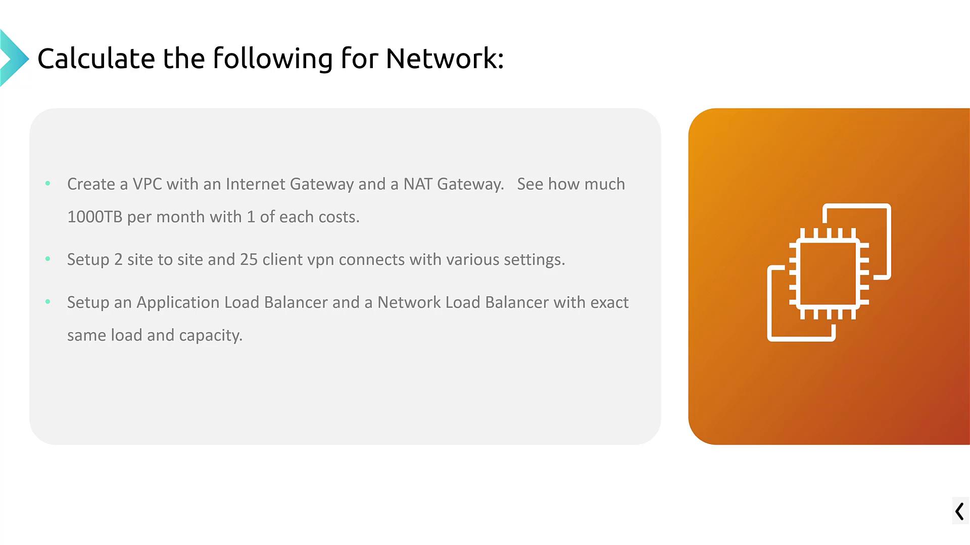 The image lists network setup tasks: creating a VPC with gateways, setting up VPN connections, and configuring load balancers, alongside a network-related icon.