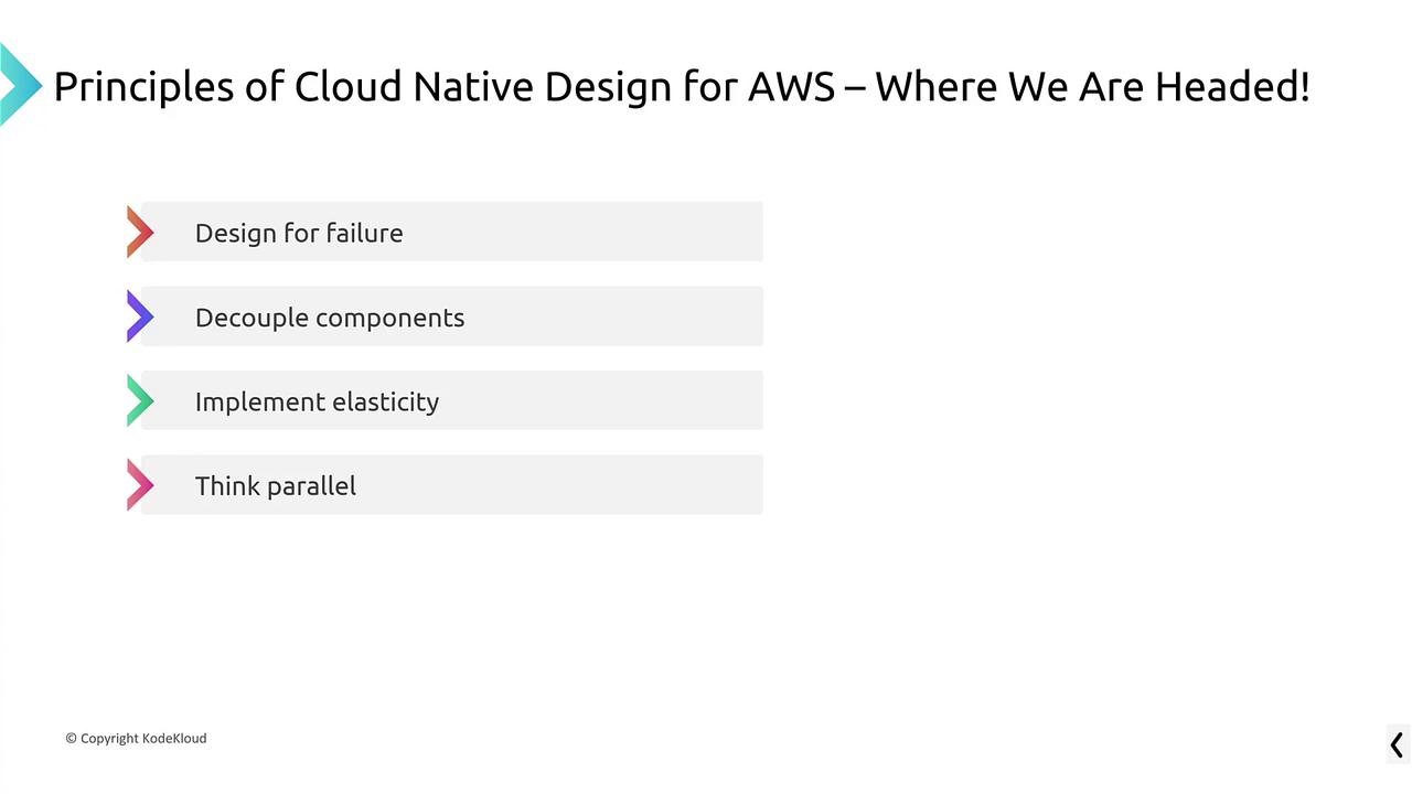 The image outlines four principles of cloud-native design for AWS: design for failure, decouple components, implement elasticity, and think parallel.