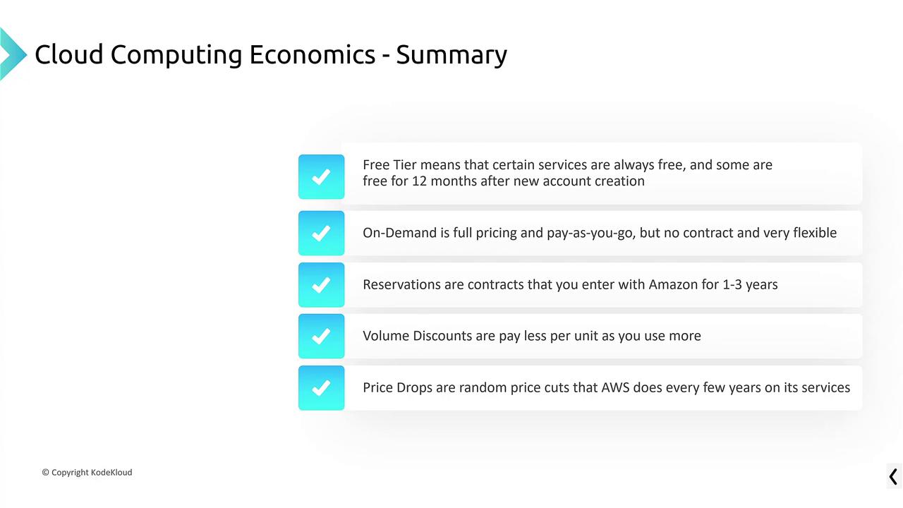 The image summarizes cloud computing economics, detailing free tiers, on-demand pricing, reservations, volume discounts, and AWS price drops.