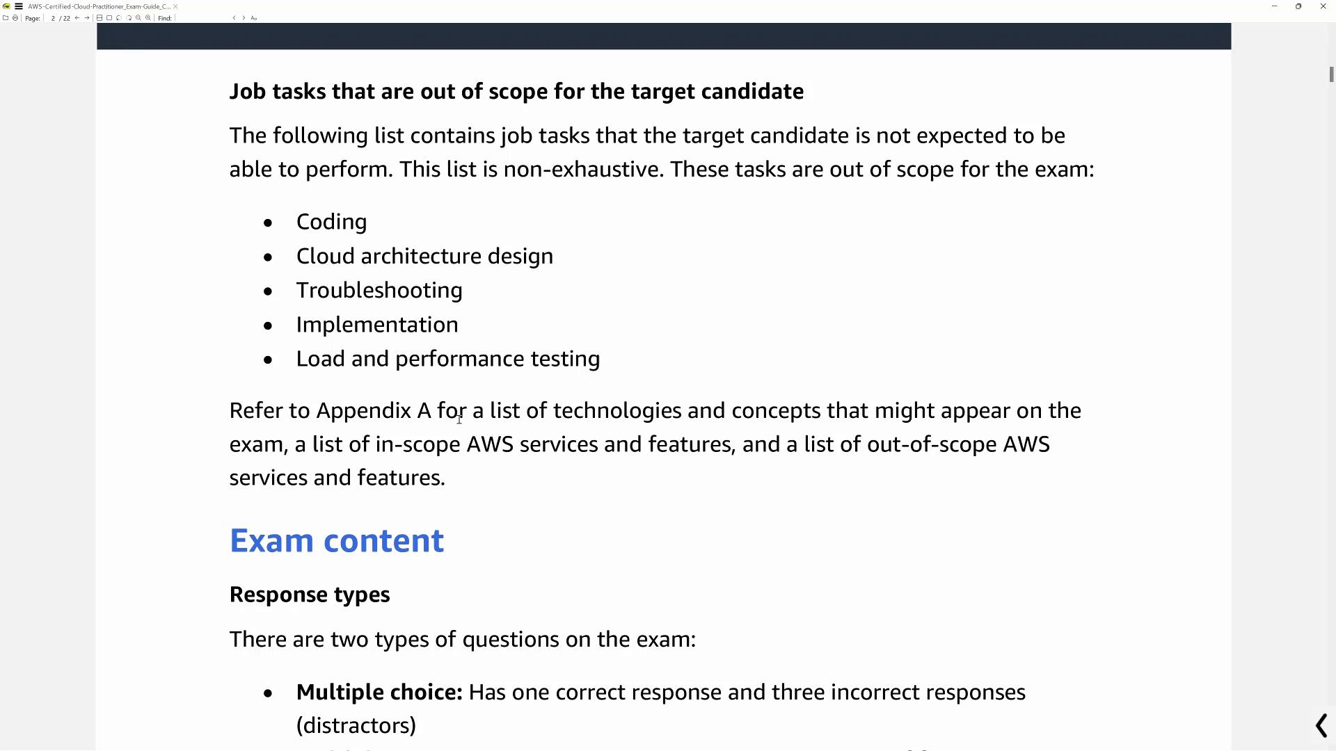 The image lists job tasks out of scope for an AWS exam, including coding and troubleshooting, and describes exam content with multiple-choice questions.