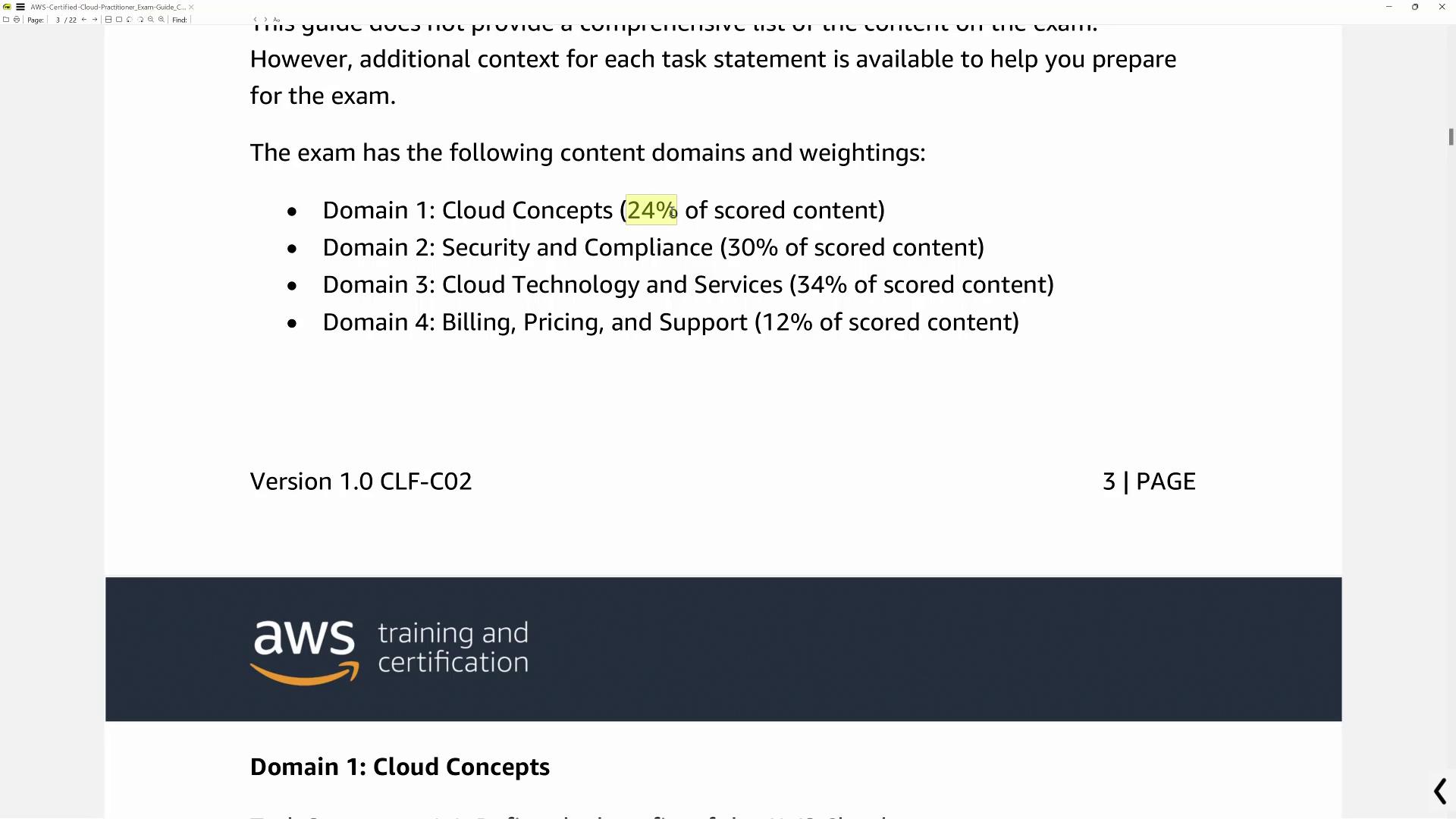 The image shows an AWS exam guide detailing content domains and weightings, including Cloud Concepts, Security, Technology, and Billing, with respective percentages.