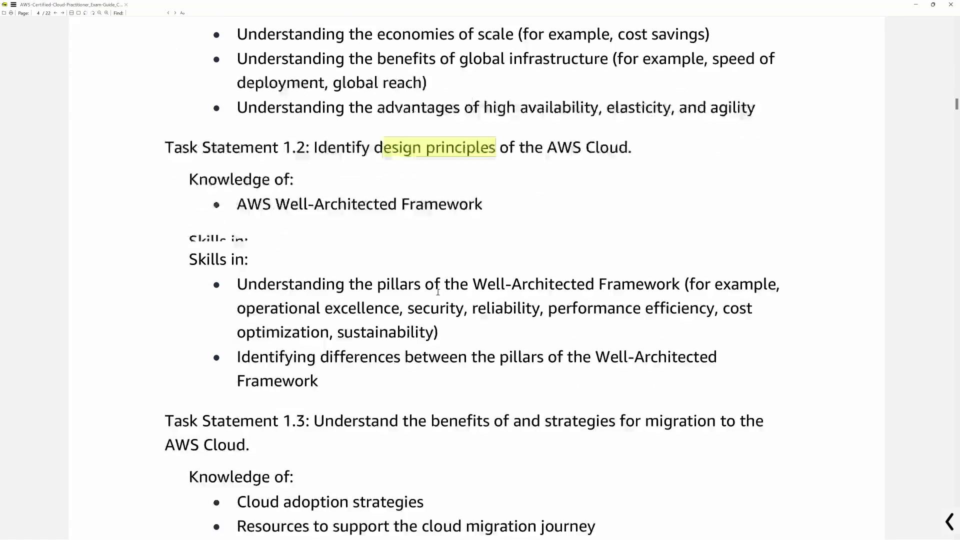 The image is a document detailing AWS Cloud concepts, including design principles, the Well-Architected Framework, and cloud migration strategies.