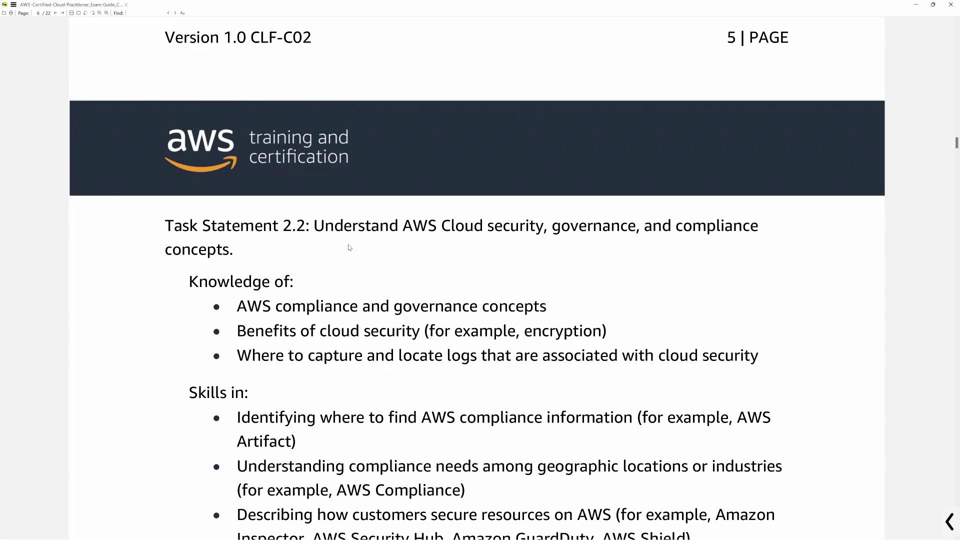 The image is a page from an AWS training document detailing cloud security, governance, and compliance concepts, including knowledge and skills related to AWS compliance and security tools.