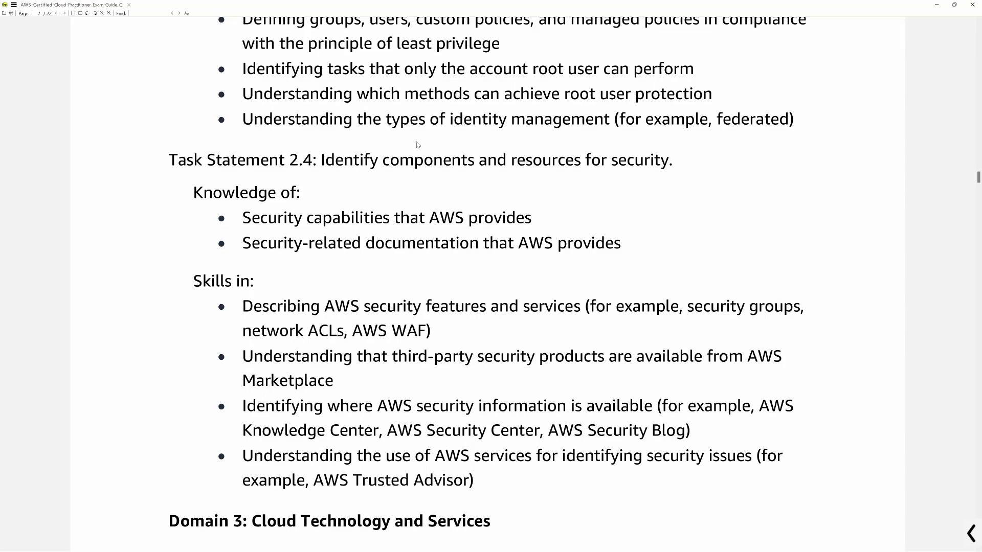 The image is a document detailing AWS security components, resources, and skills, including security features, third-party products, and AWS services for identifying security issues.