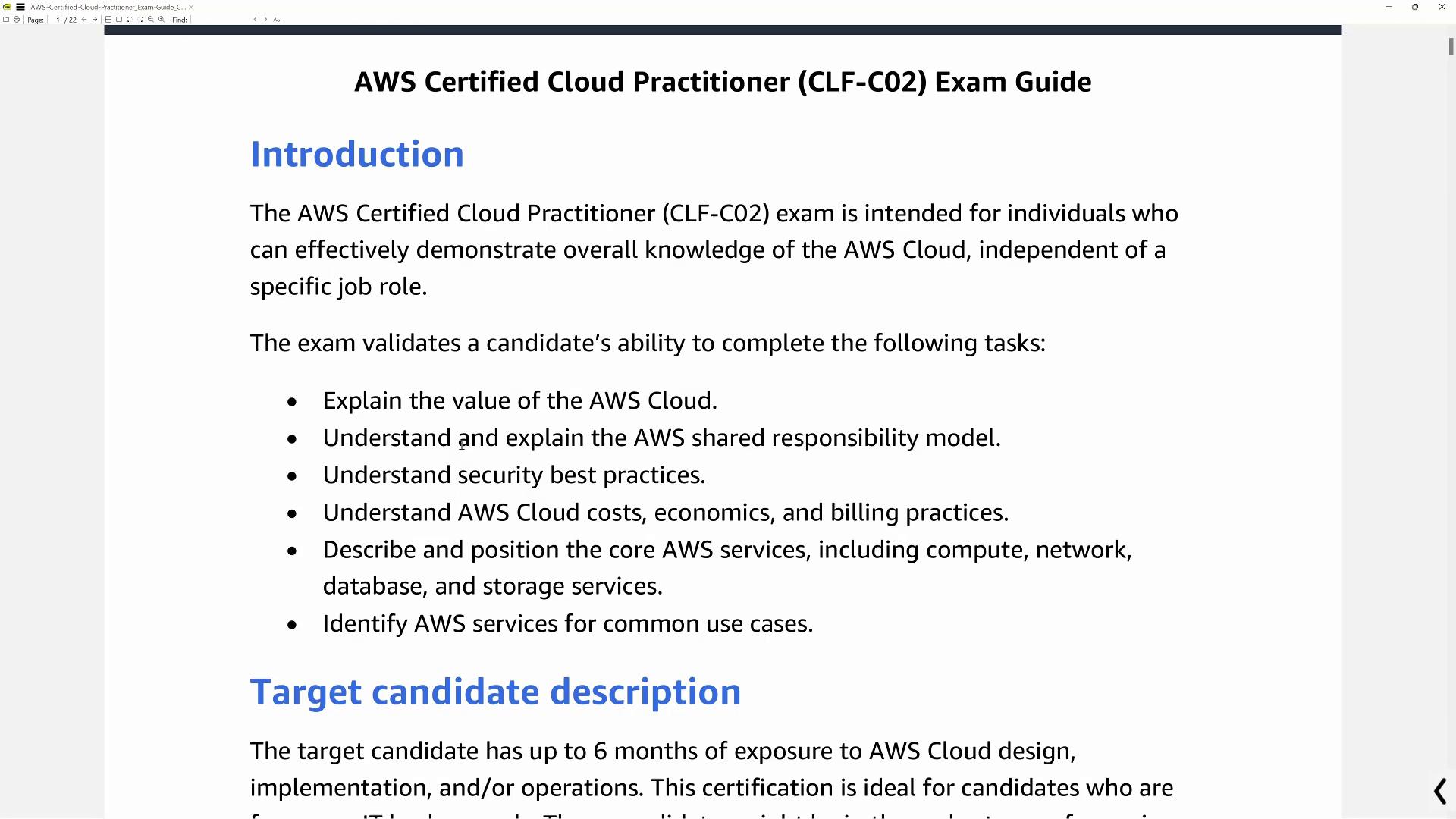 The image is an introduction to the AWS Certified Cloud Practitioner (CLF-C02) Exam Guide, outlining exam objectives and target candidate description.