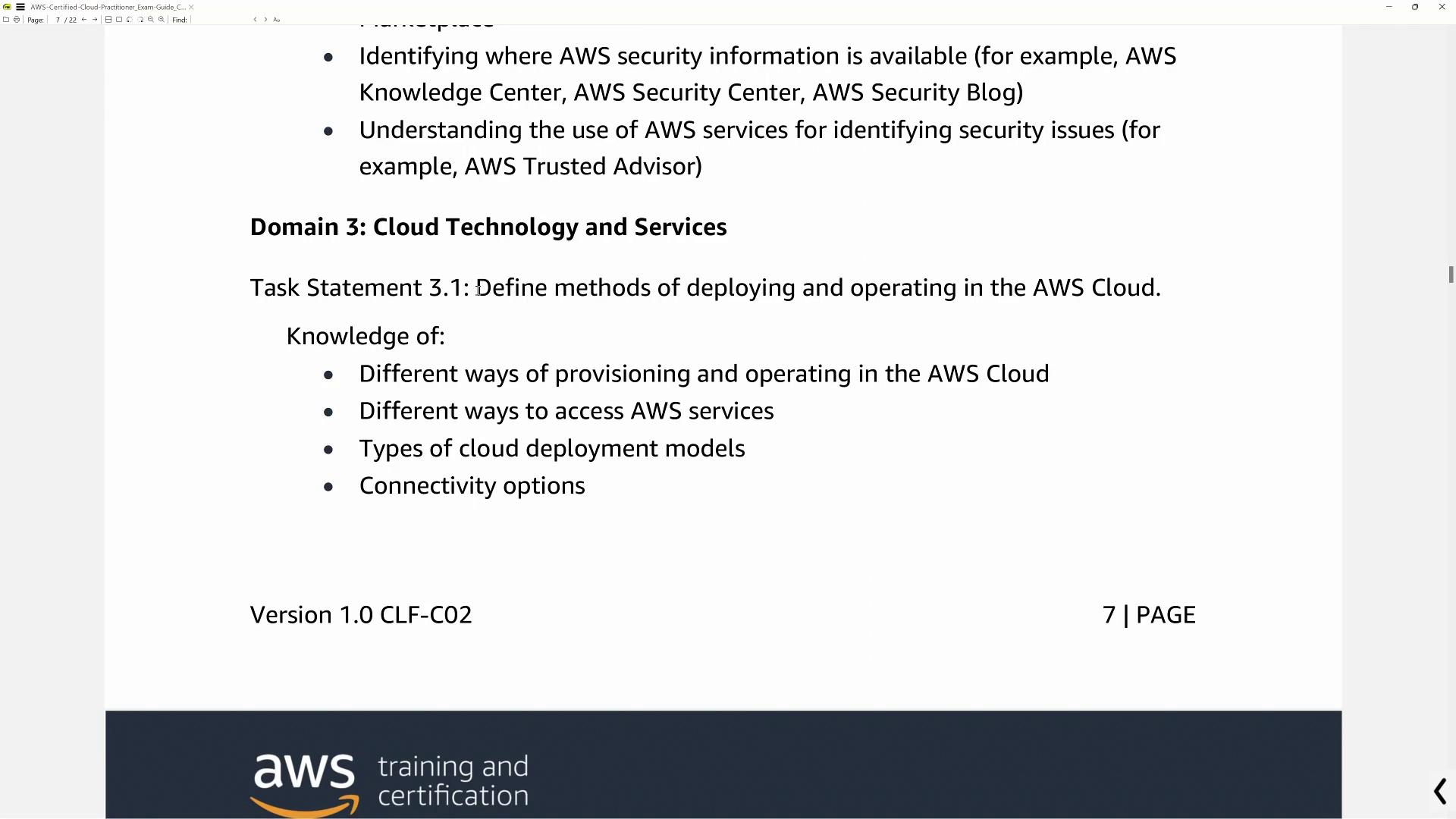 The image is a page from an AWS certification guide, detailing cloud technology and services, including deployment methods, access, cloud models, and connectivity options.