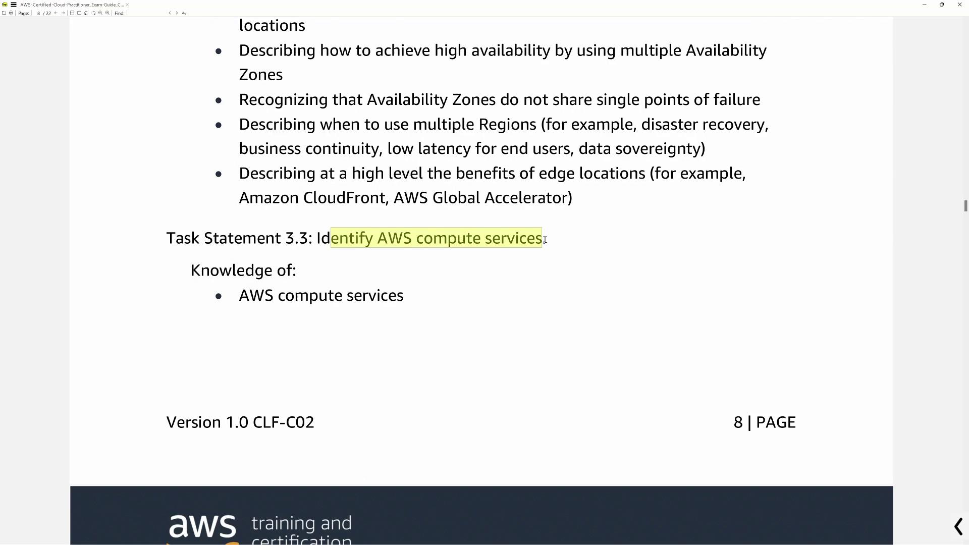 The image is a page from an AWS certification guide, focusing on identifying AWS compute services and high availability concepts.