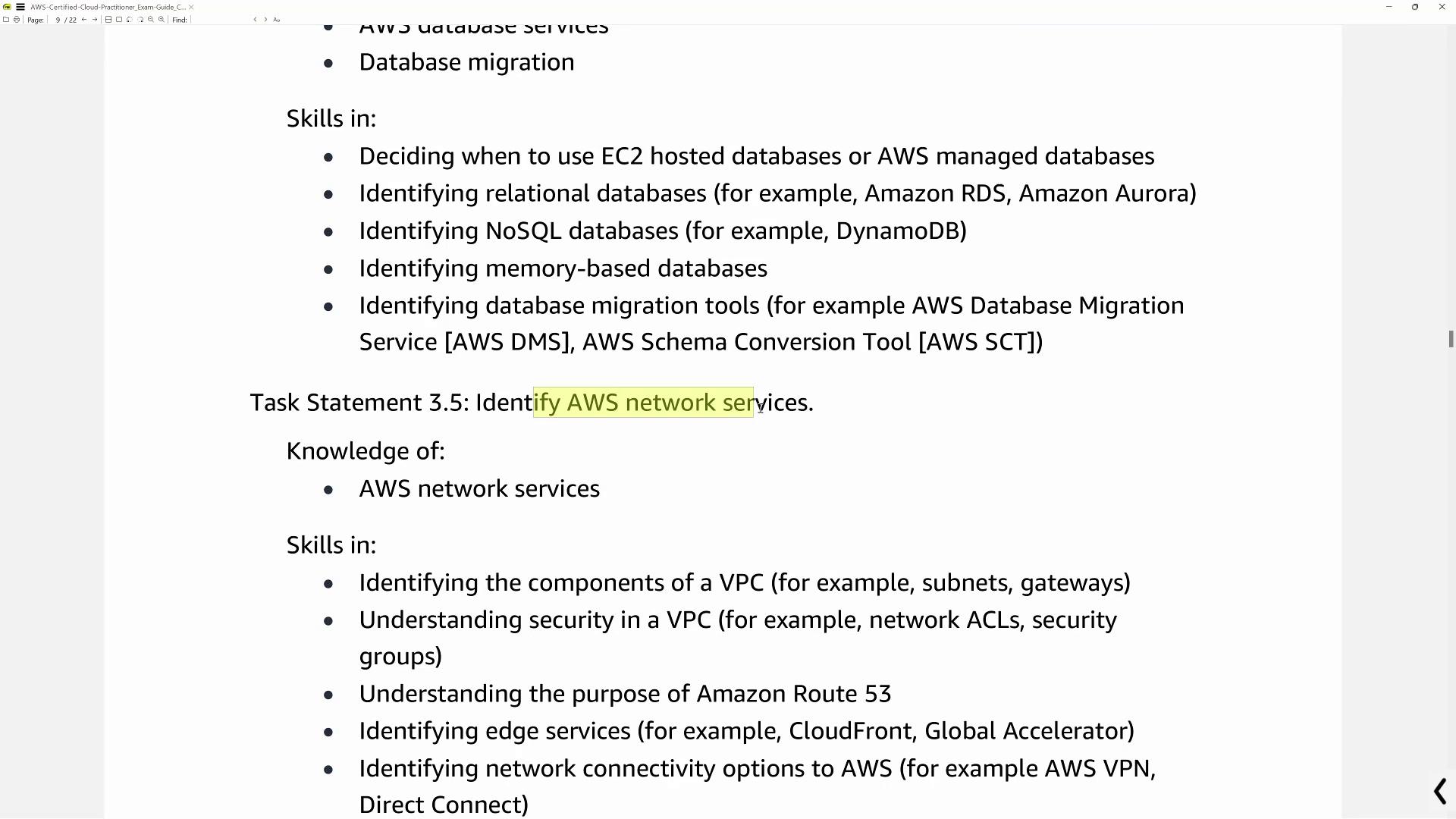 The image lists AWS skills, including database and network services, with tasks like identifying AWS network services and understanding VPC components and security.