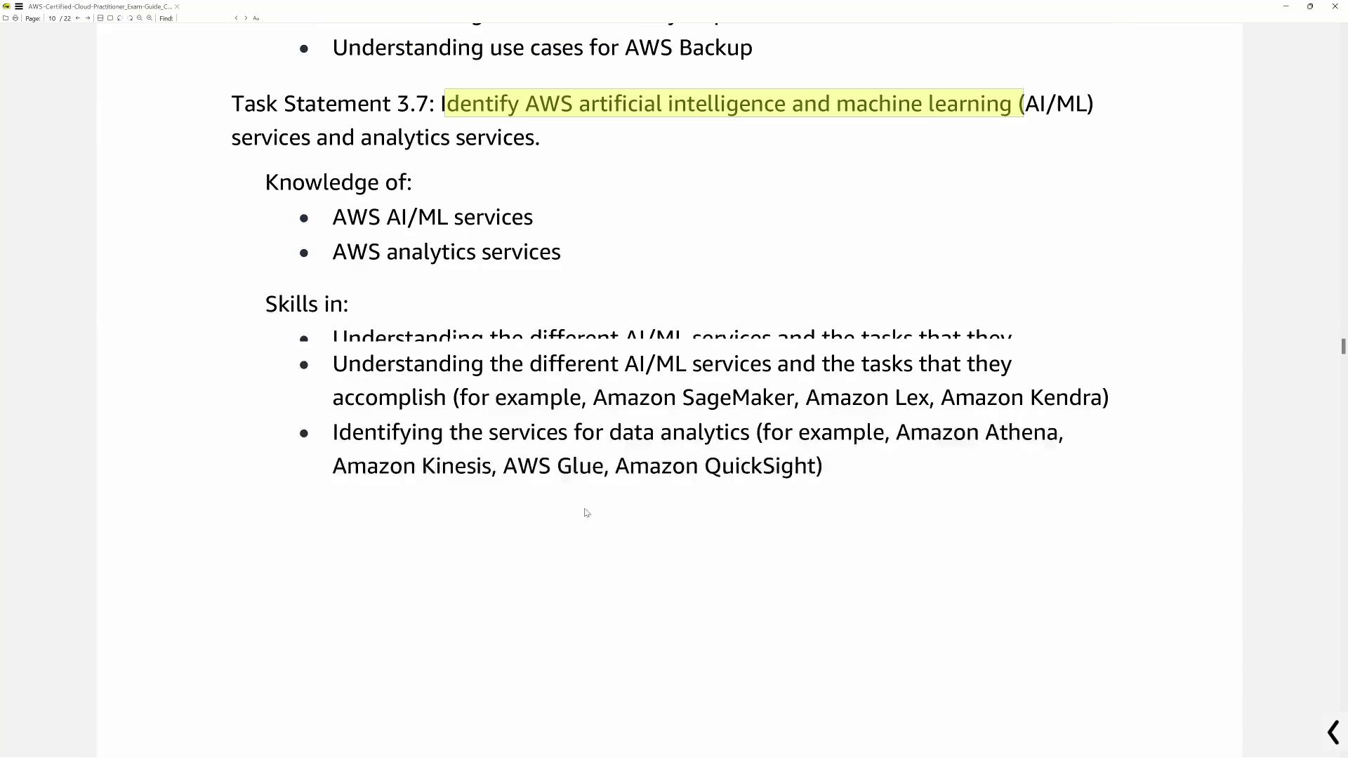 The image lists AWS AI/ML and analytics services, highlighting skills and knowledge required for understanding and identifying these services, with examples like Amazon SageMaker and Amazon Athena.