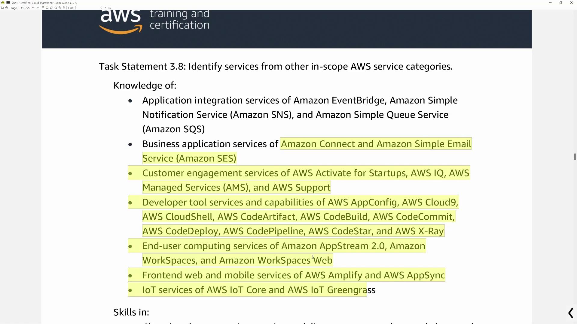 The image lists AWS services for application integration, business applications, customer engagement, developer tools, end-user computing, frontend web, mobile, and IoT services.