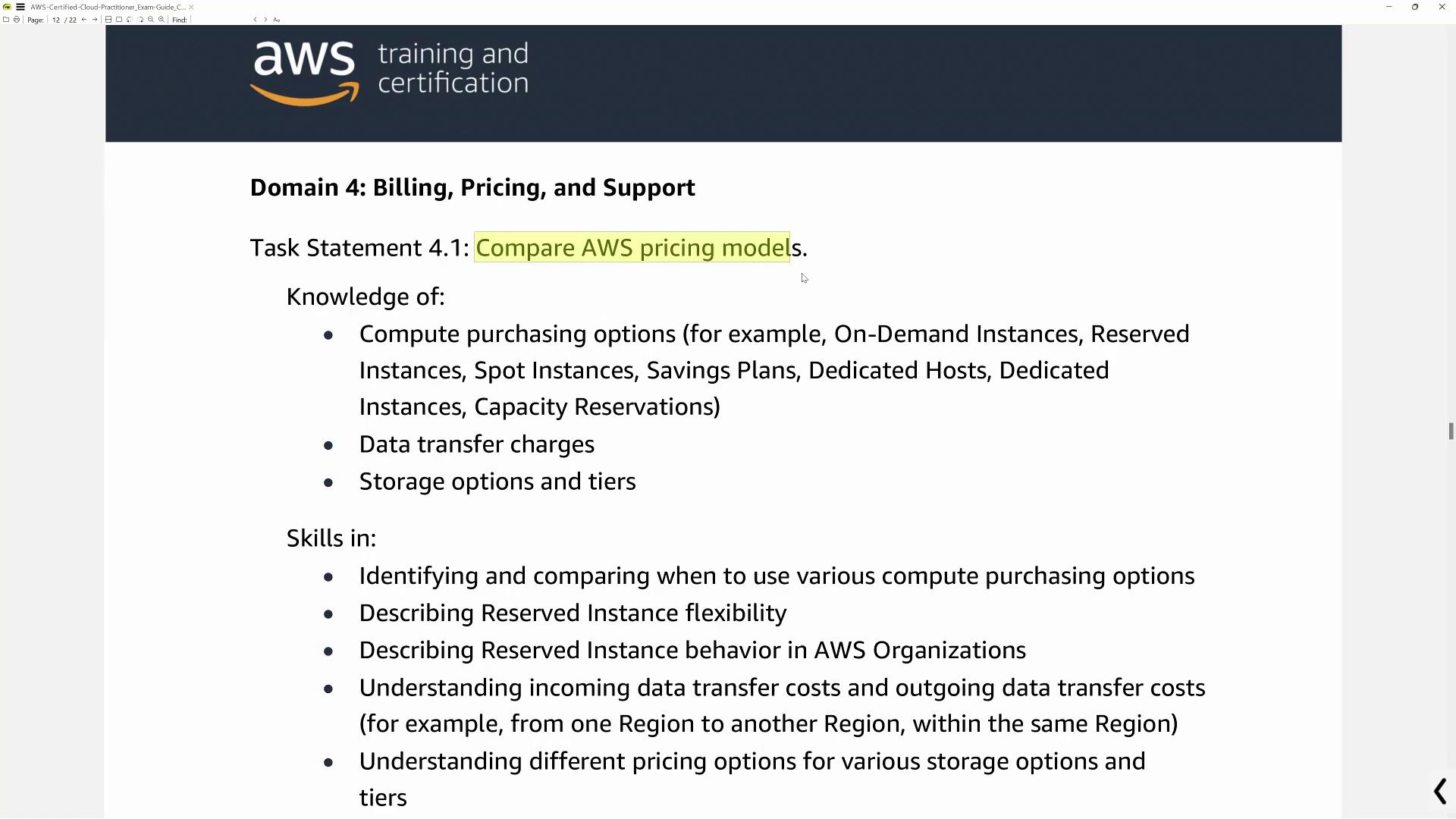 The image outlines AWS training content on billing, pricing, and support, focusing on comparing pricing models, compute purchasing options, data transfer charges, and storage options.