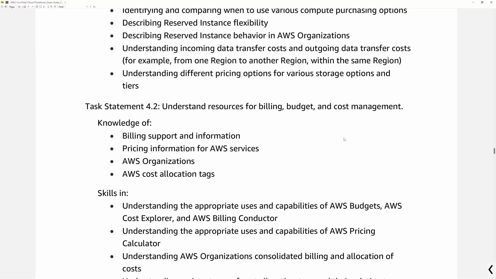 The image lists AWS billing, budgeting, and cost management skills, including understanding pricing, AWS Organizations, cost allocation tags, and tools like AWS Budgets and Cost Explorer.