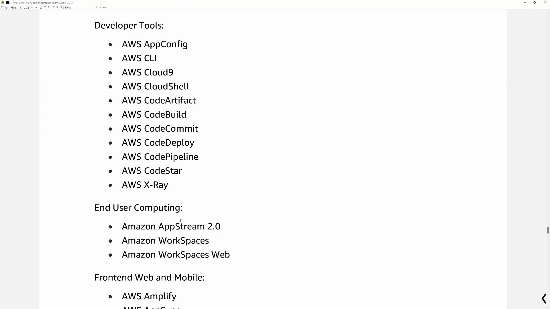 The image lists AWS services categorized under Developer Tools, End User Computing, and Frontend Web and Mobile, including AWS AppConfig, Amazon WorkSpaces, and AWS Amplify.