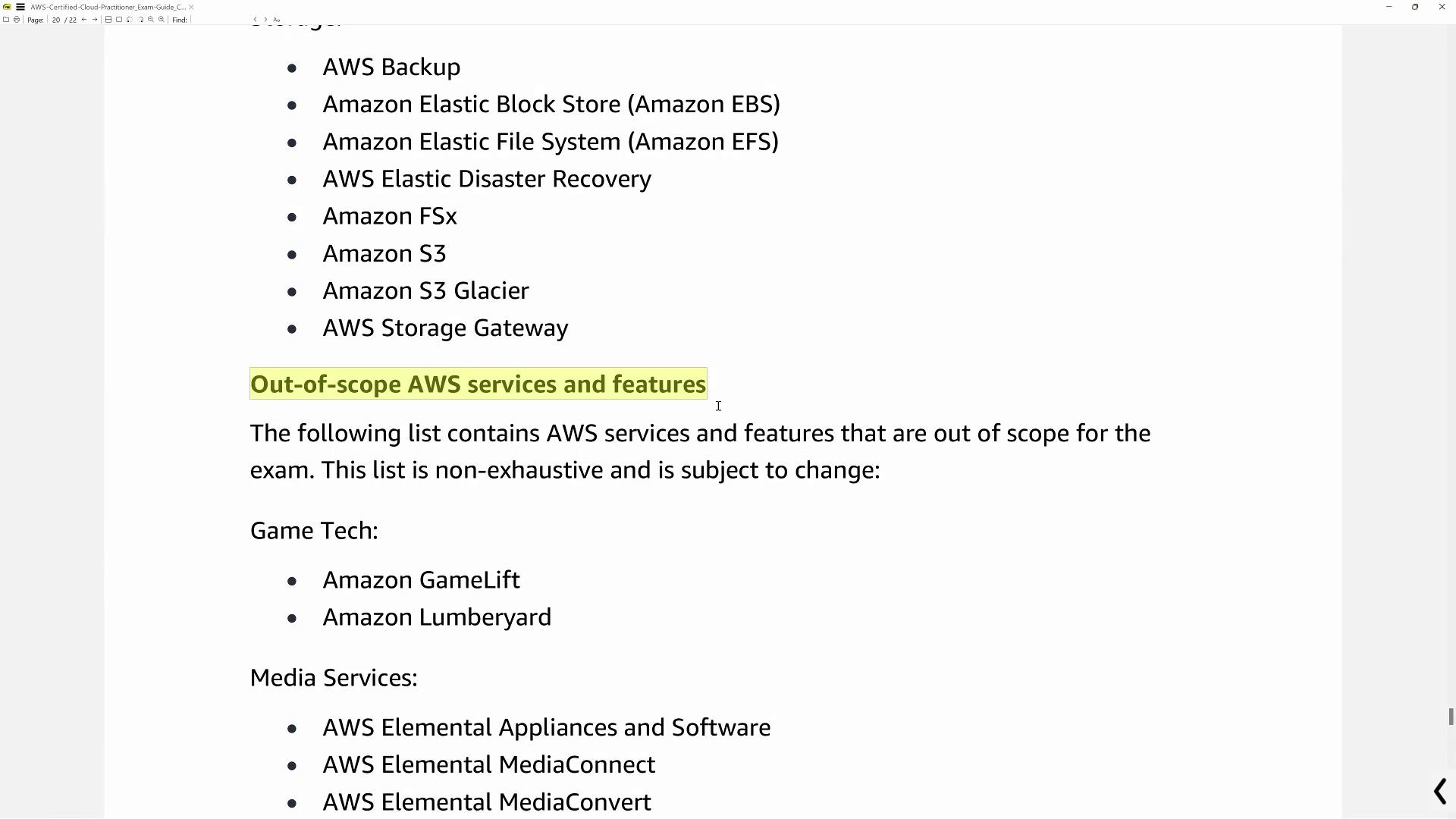 The image lists AWS services, highlighting those out of scope for an exam, including Game Tech and Media Services like Amazon GameLift and AWS Elemental.