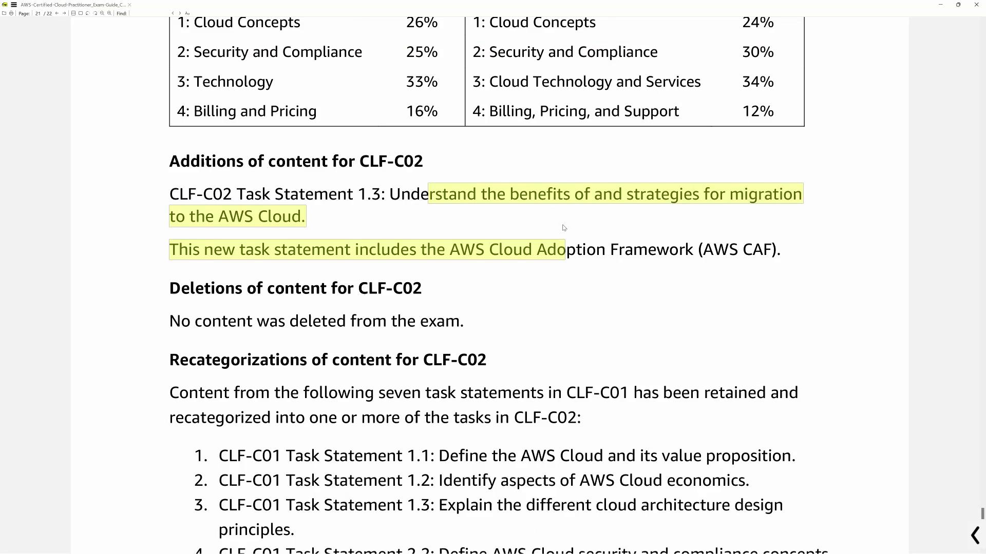 The image shows updates to the AWS Certified Cloud Practitioner exam, highlighting new content on migration strategies and the AWS Cloud Adoption Framework.