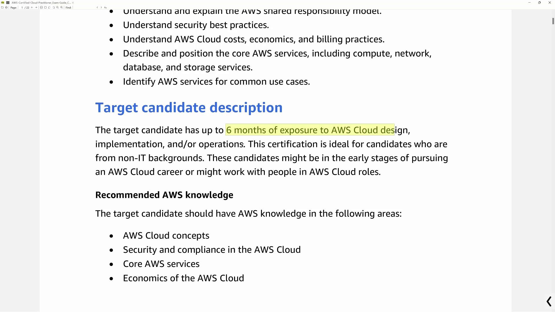 The image describes the target candidate for AWS certification, recommending up to six months of AWS Cloud exposure and knowledge in specific AWS areas.