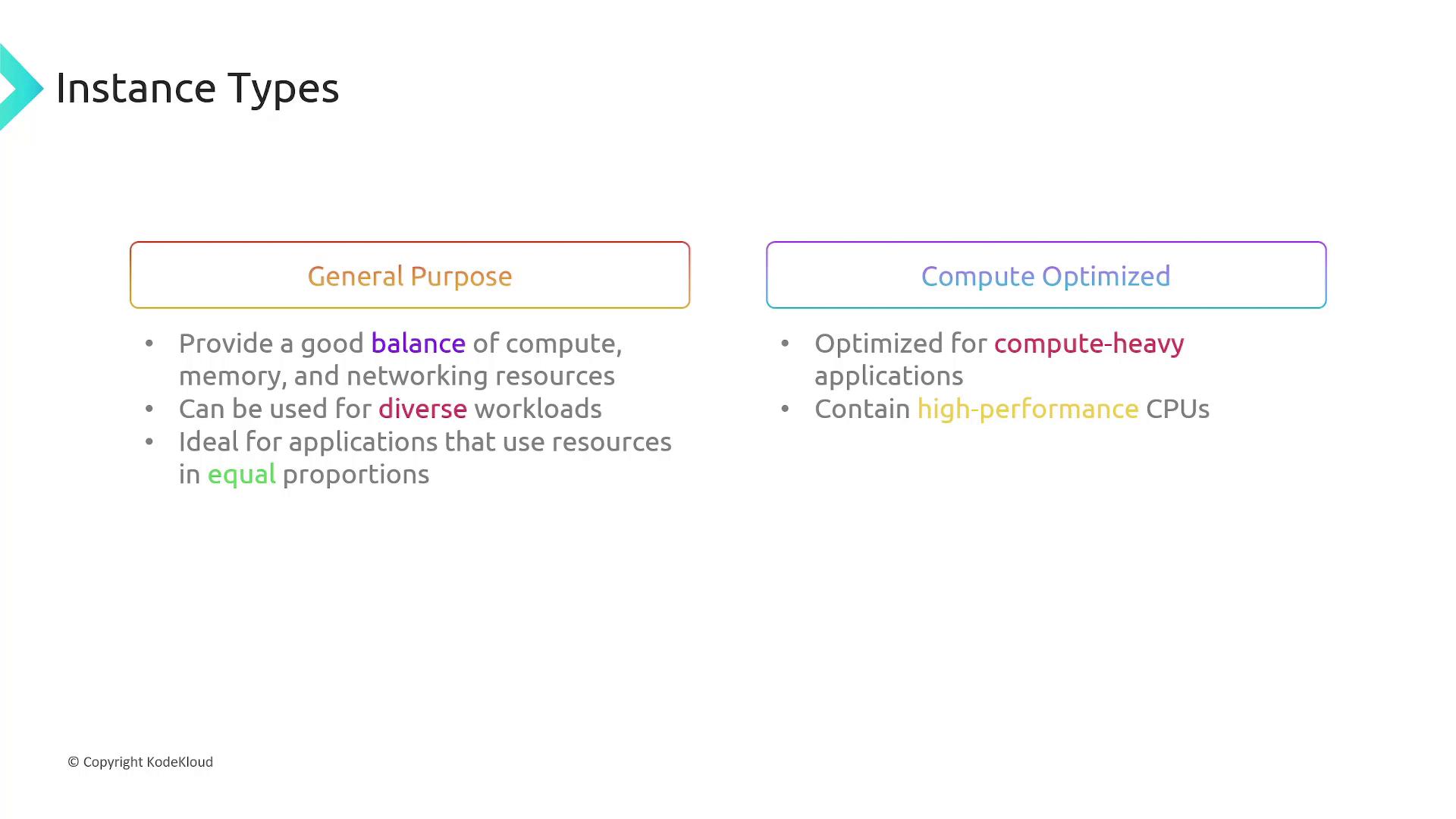 The image describes two instance types: General Purpose, which balances resources for diverse workloads, and Compute Optimized, designed for compute-heavy applications with high-performance CPUs.