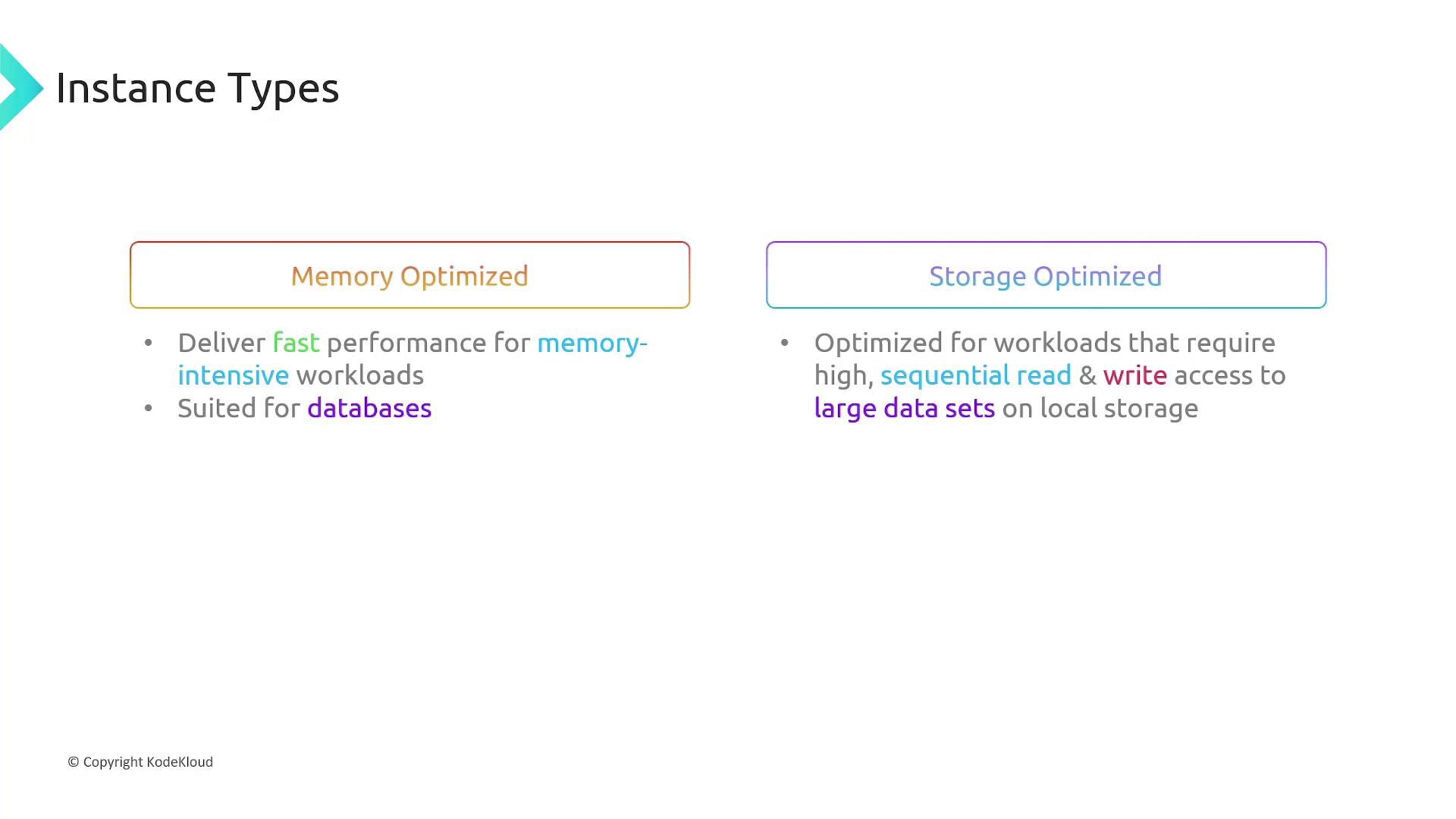 The image compares "Memory Optimized" and "Storage Optimized" instance types, highlighting their suitability for memory-intensive workloads and large data set access, respectively.