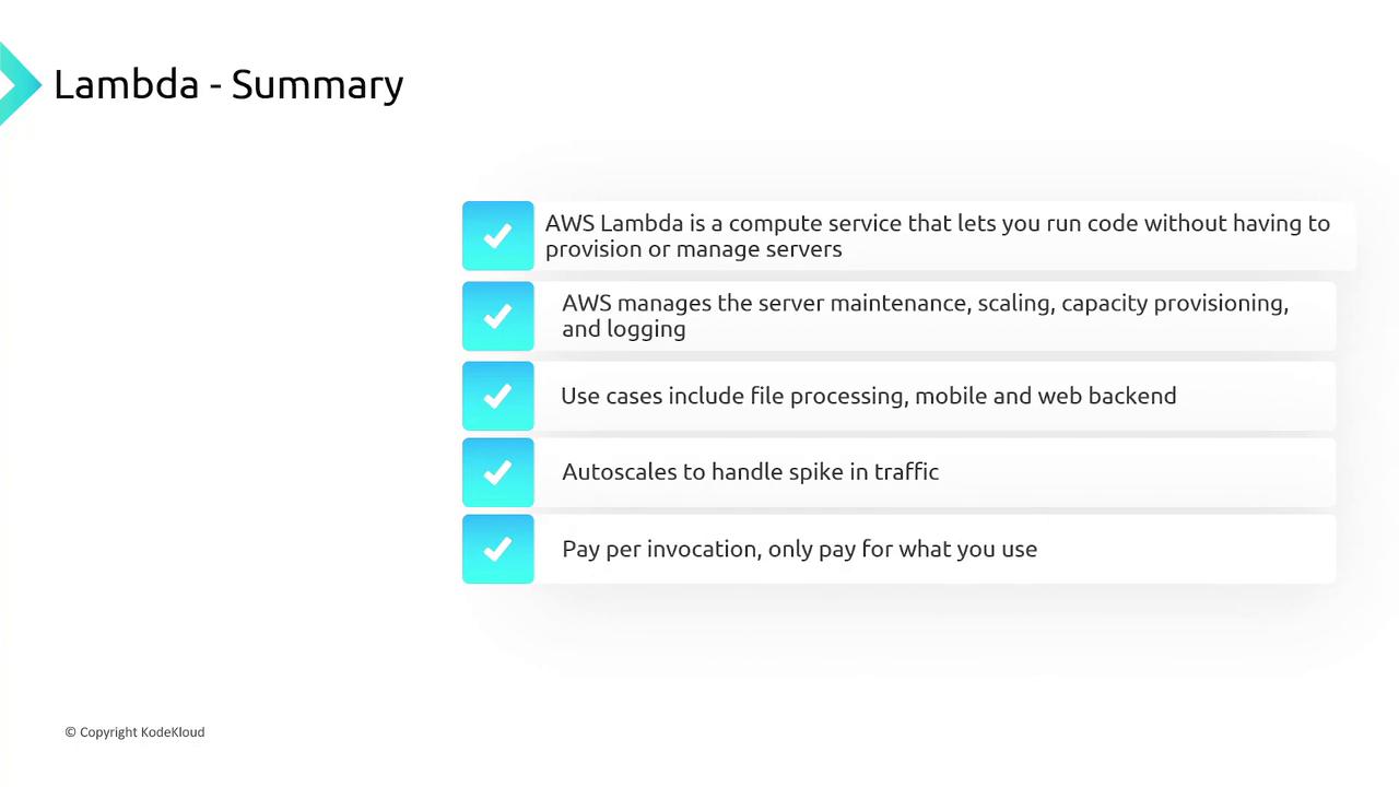 The image summarizes AWS Lambda features, highlighting serverless computing, automatic scaling, diverse use cases, and a pay-per-invocation pricing model.