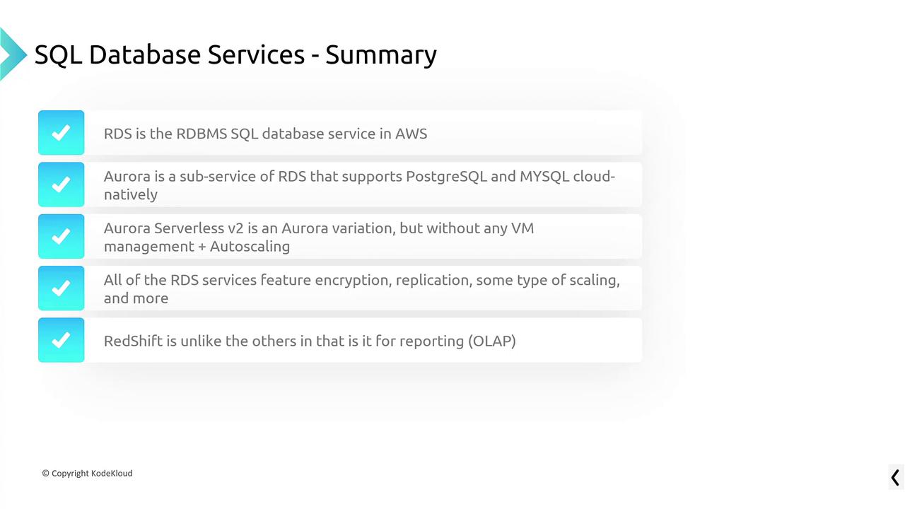 The image summarizes AWS SQL database services, including RDS, Aurora, Aurora Serverless v2, and RedShift, highlighting features like encryption, replication, and OLAP reporting.