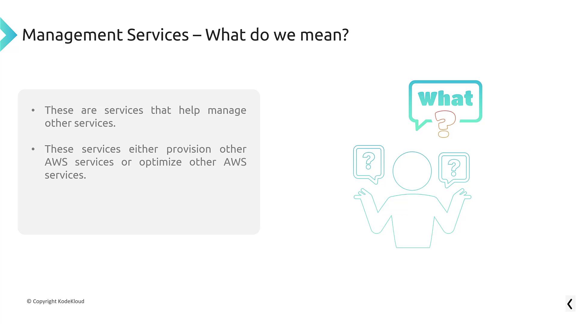 The image explains management services, highlighting their role in managing, provisioning, or optimizing AWS services, with a graphic of a person surrounded by question marks.