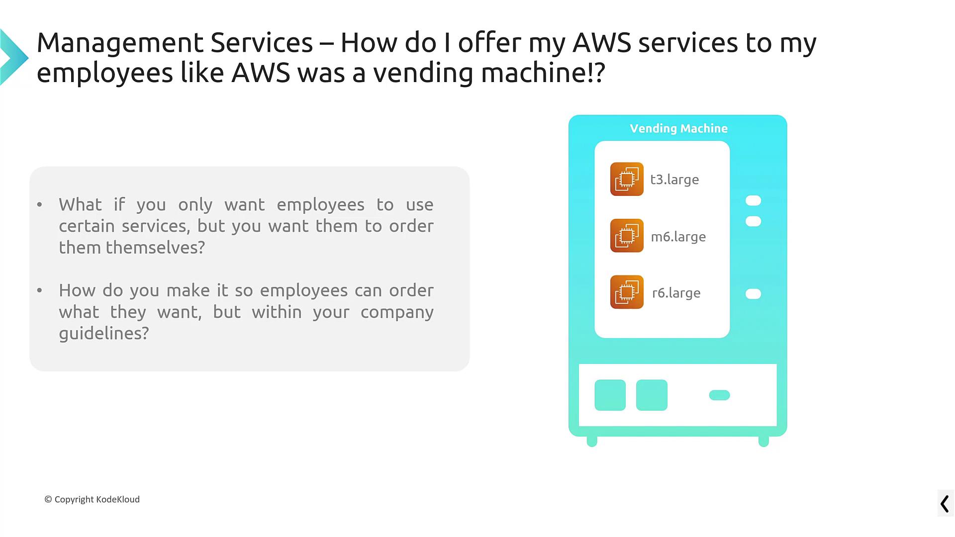 The image illustrates offering AWS services to employees like a vending machine, allowing self-service within company guidelines.