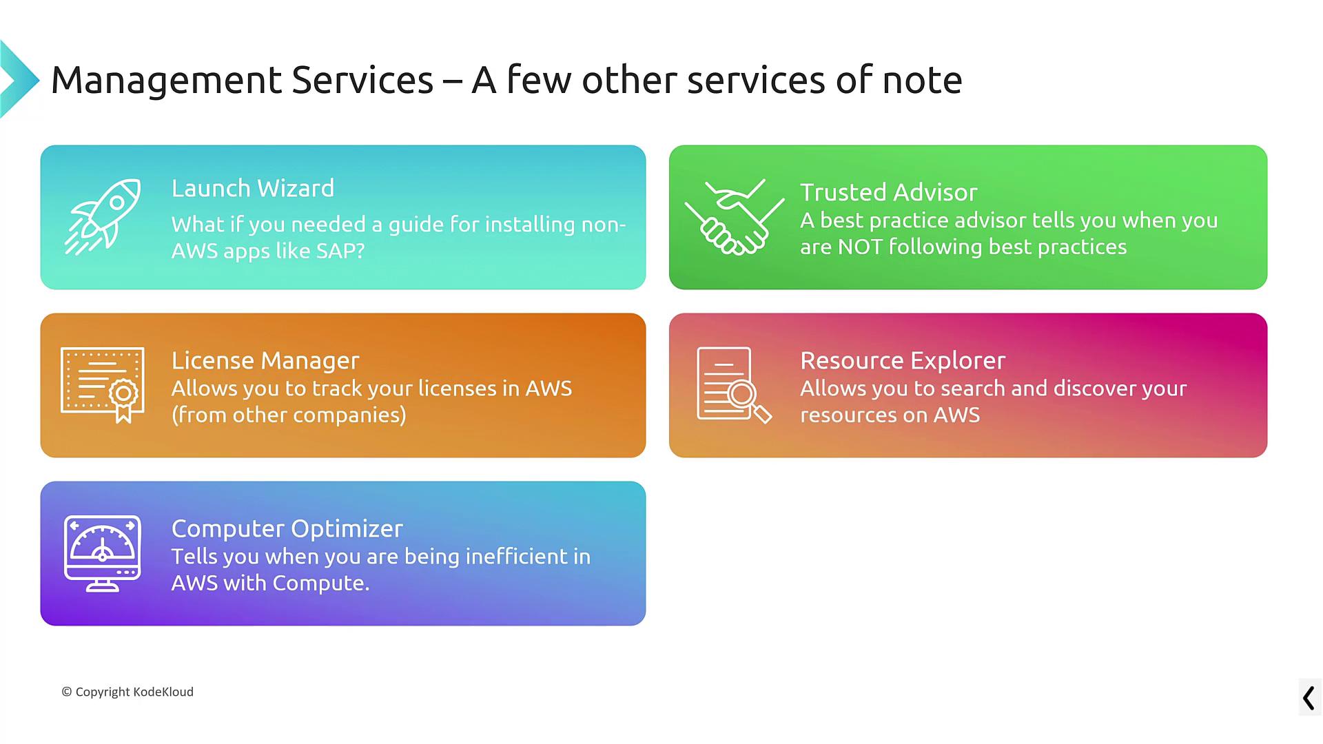 The image lists AWS management services: Launch Wizard, Trusted Advisor, License Manager, Resource Explorer, and Compute Optimizer, each with a brief description.