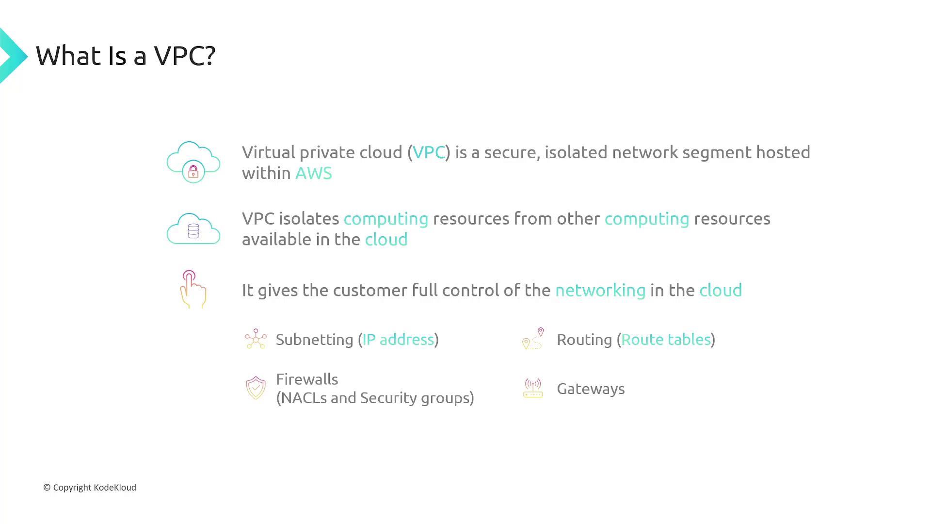 The image explains a Virtual Private Cloud (VPC) as a secure, isolated network segment in AWS, offering control over networking, subnets, routing, firewalls, and gateways.