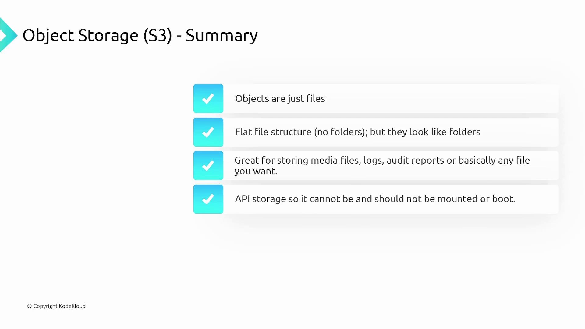 The image summarizes S3 object storage, highlighting its flat file structure, suitability for various file types, and API-based access, not for mounting or booting.