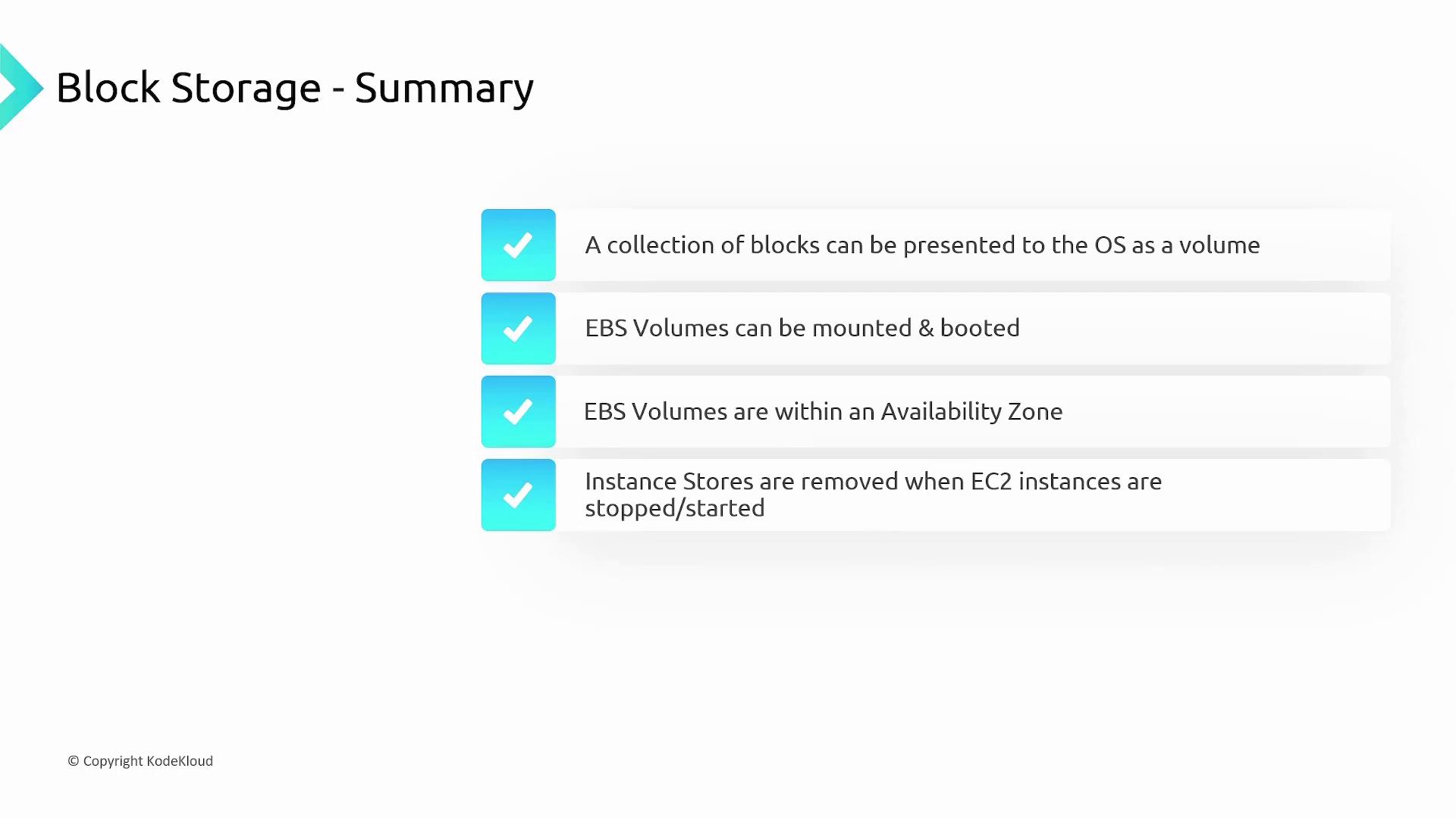 The image summarizes block storage concepts, highlighting EBS volumes' mountability, availability zone constraints, and instance store removal upon EC2 instance stop/start.