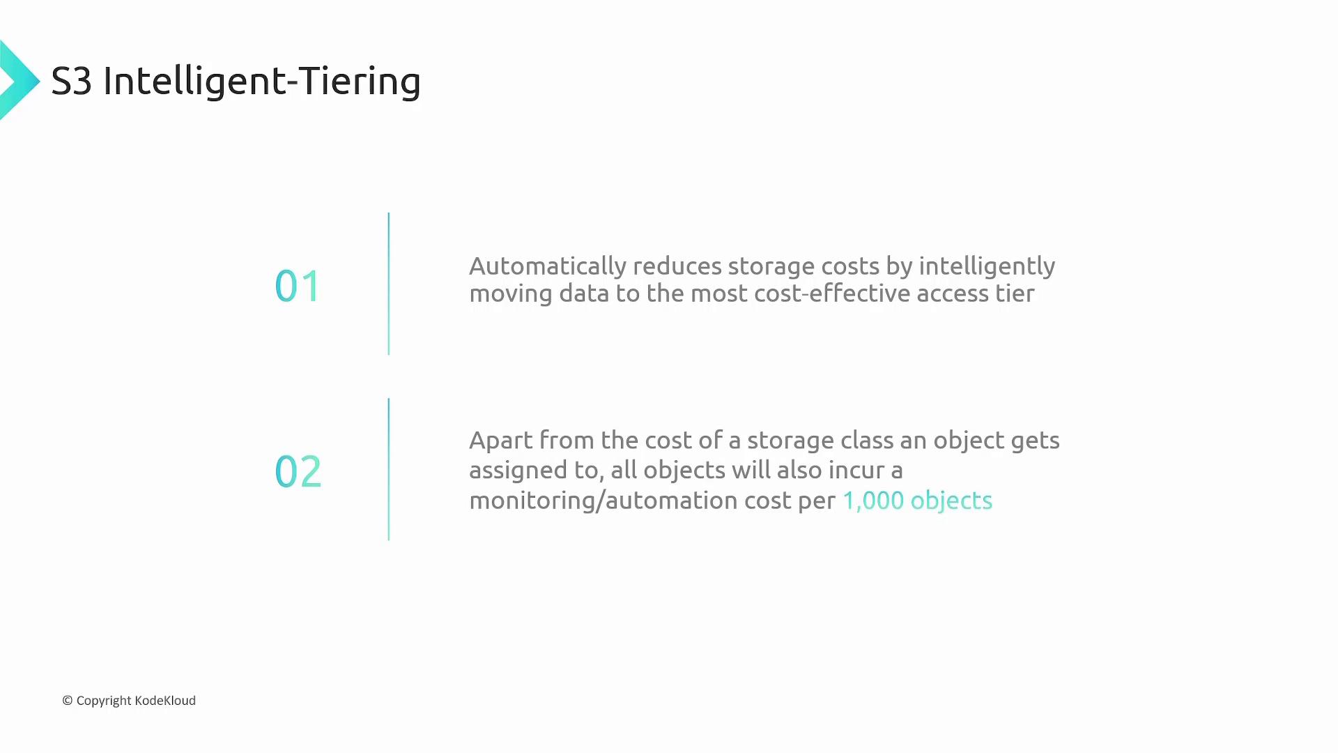 The image explains S3 Intelligent-Tiering, highlighting automatic cost reduction by moving data to cost-effective tiers and additional monitoring costs per 1,000 objects.