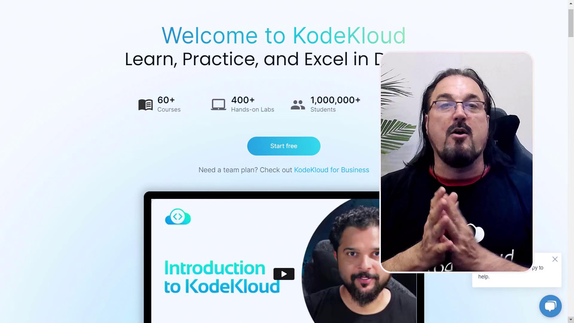 The image shows a KodeKloud webpage offering courses, labs, and student statistics, with a video introduction and a person speaking in an overlay.