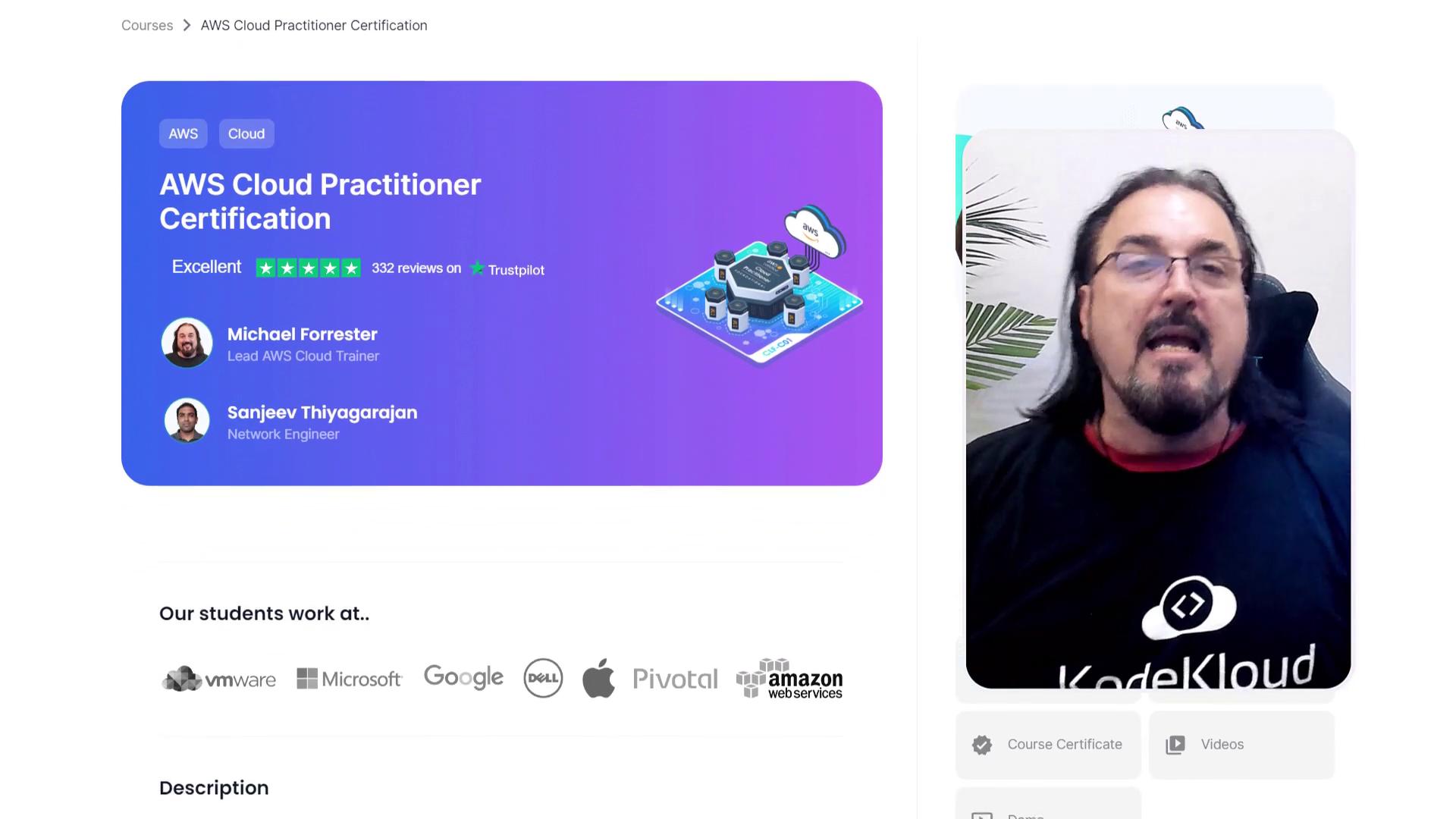 The image promotes an AWS Cloud Practitioner Certification course with trainers, reviews, and logos of companies where students work. A person is shown on the right.