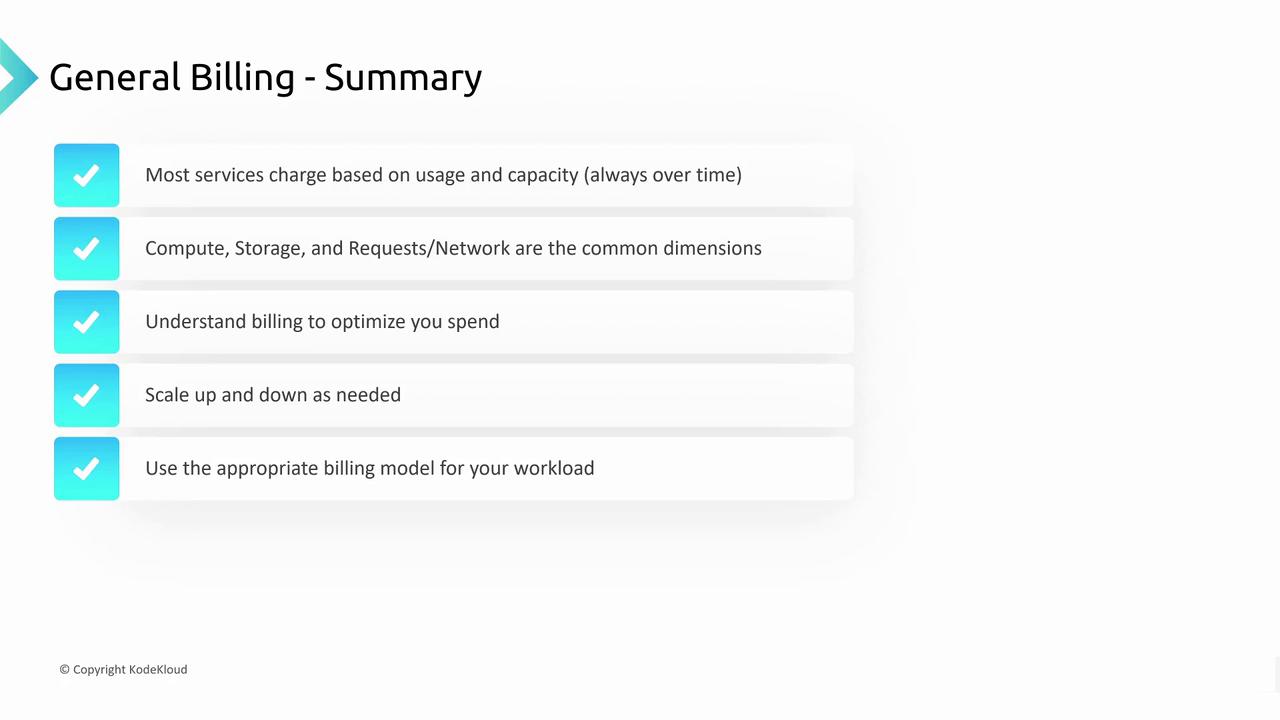 The image summarizes general billing concepts, highlighting usage-based charges, common dimensions, spending optimization, scalability, and appropriate billing models.