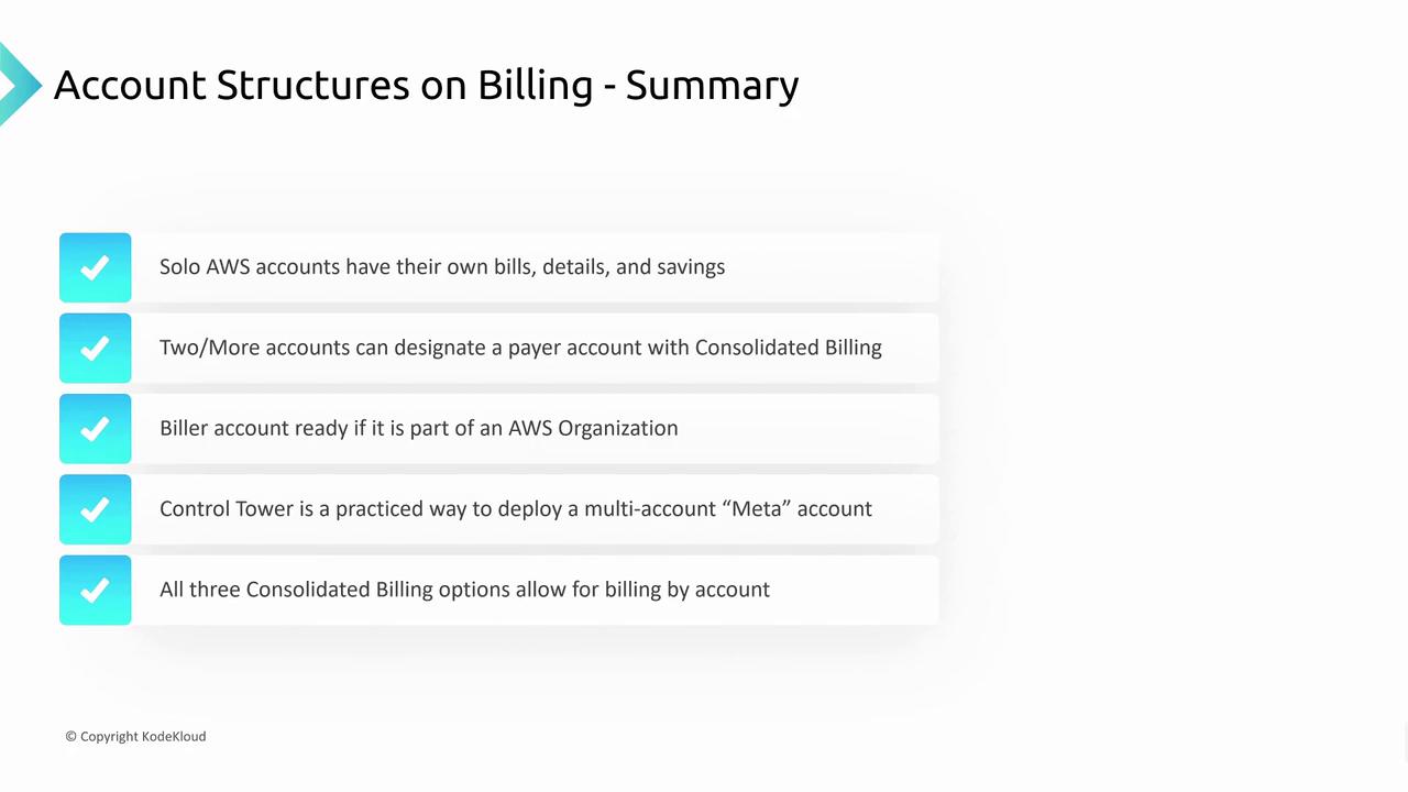 The image summarizes AWS account billing structures, highlighting solo accounts, consolidated billing, AWS Organization, Control Tower, and billing options.