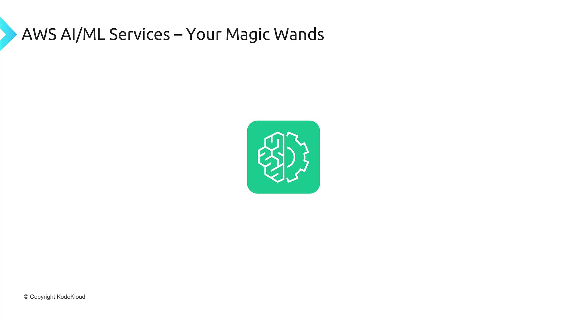 The image features the text "AWS AI/ML Services – Your Magic Wands" and a green icon with a brain and gear symbol, indicating artificial intelligence and machine learning.