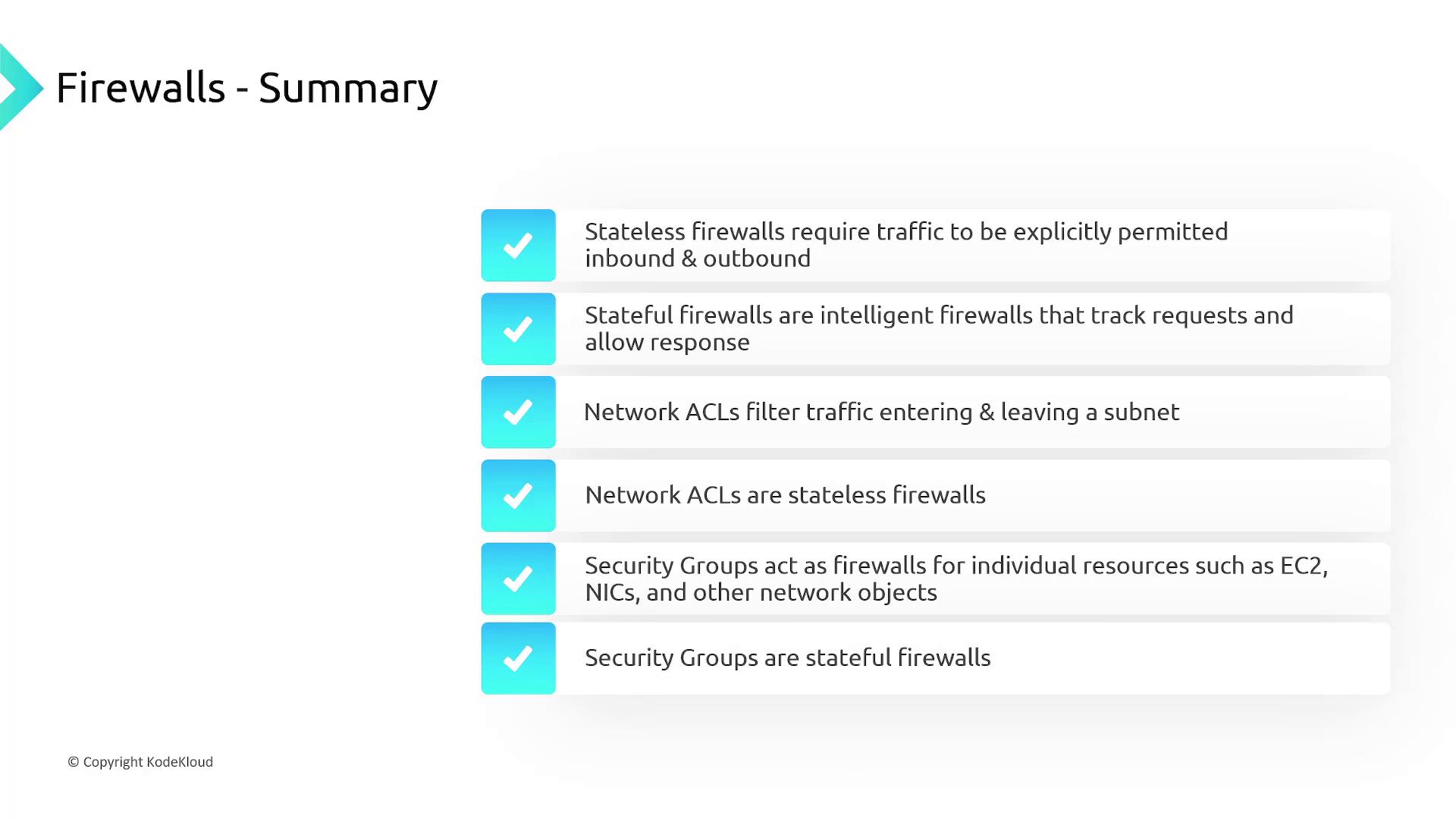 The image summarizes firewall types: stateless firewalls require explicit permissions, stateful firewalls track requests, Network ACLs are stateless, and Security Groups are stateful.