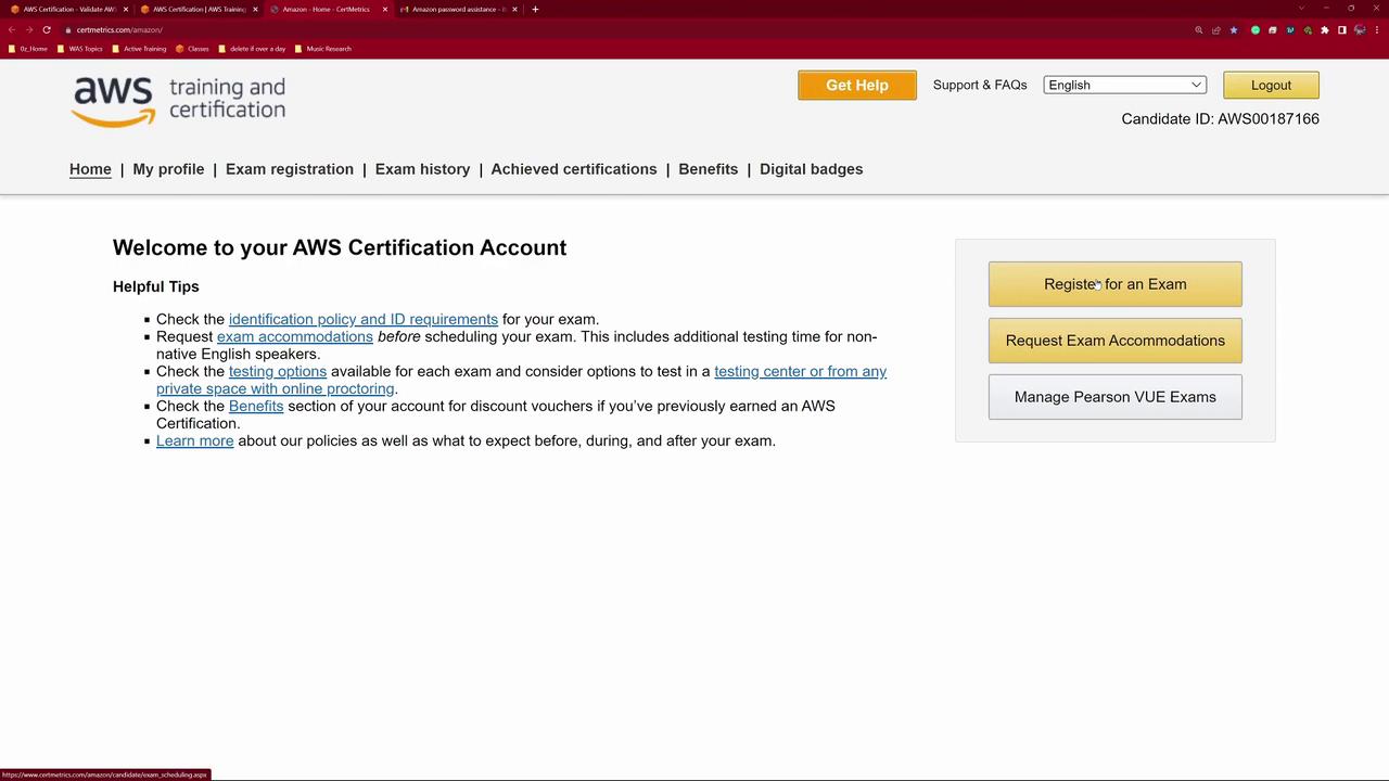 The image shows an AWS Certification Account webpage with options to register for exams, request accommodations, and manage Pearson VUE exams, along with helpful tips.