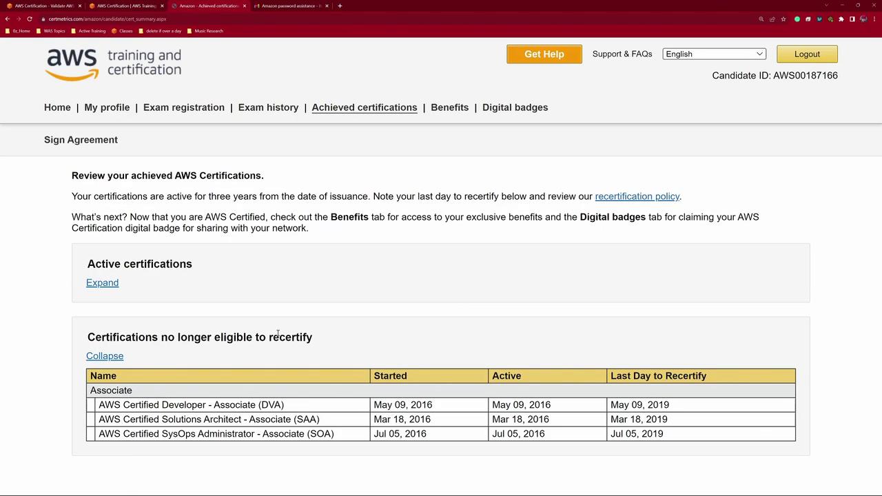 The image shows an AWS Training and Certification page listing expired certifications, including AWS Certified Developer, Solutions Architect, and SysOps Administrator, with their start and recertification dates.