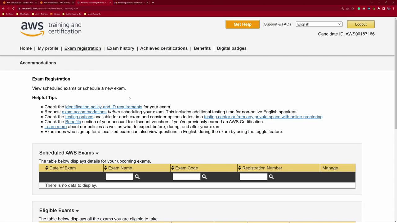 The image shows an AWS Training and Certification exam registration page, providing helpful tips and a section for scheduled AWS exams, with no data displayed.